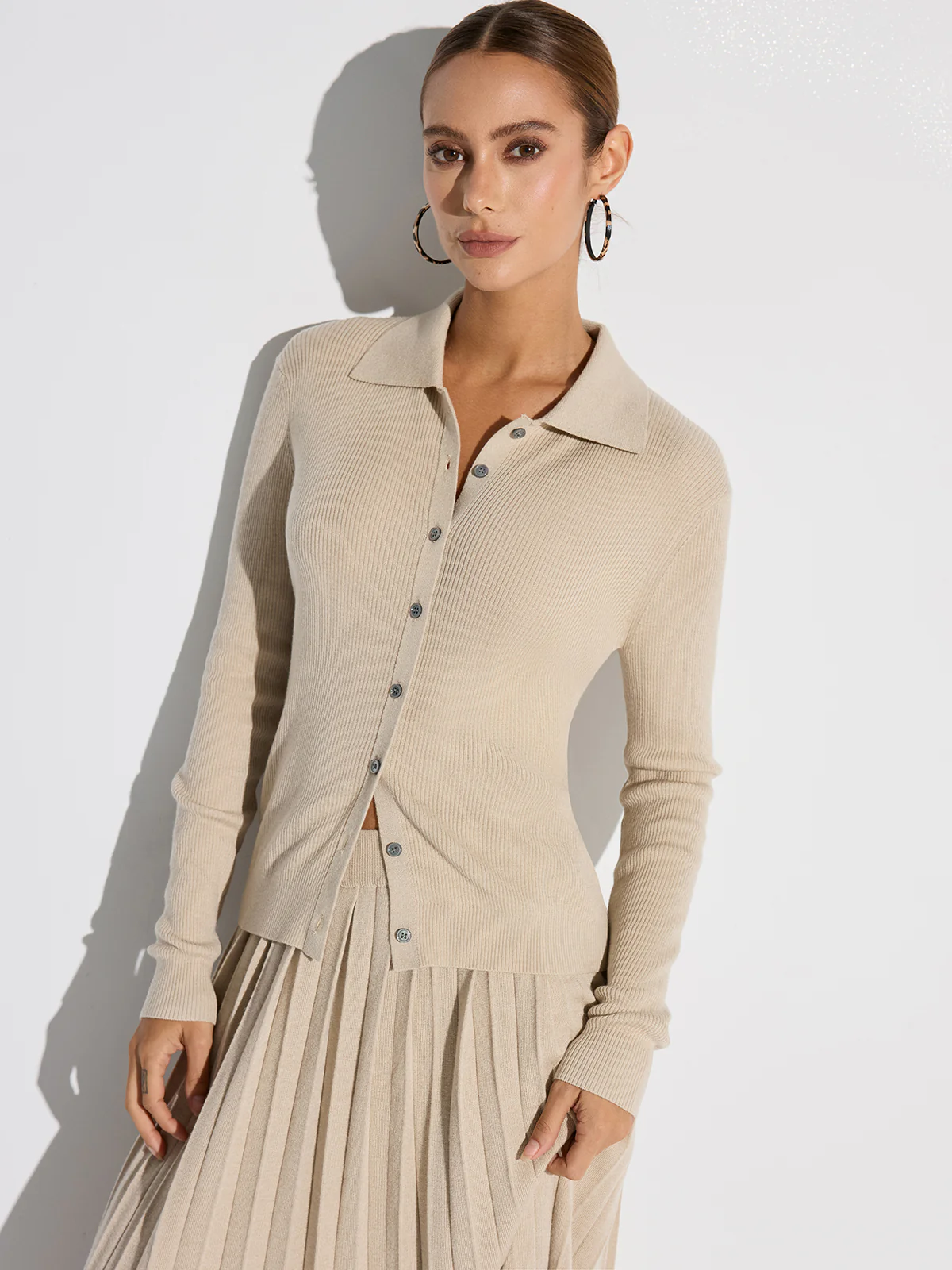 Ribbed Wool Blend Polo Collar Cardigan - Wholesalesil