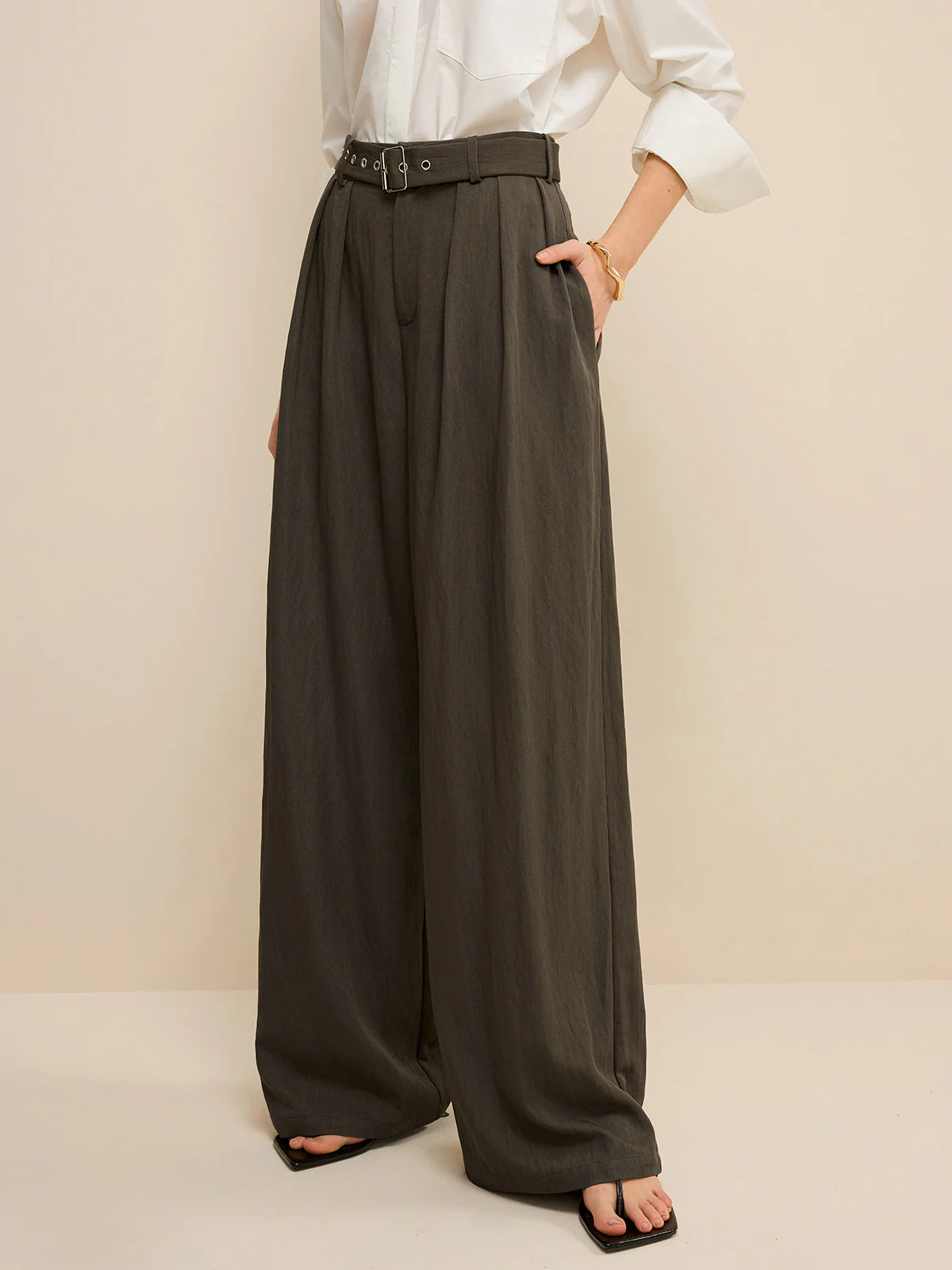 Army Green Belted Pleated Wide-Leg Pants - Wholesalesil