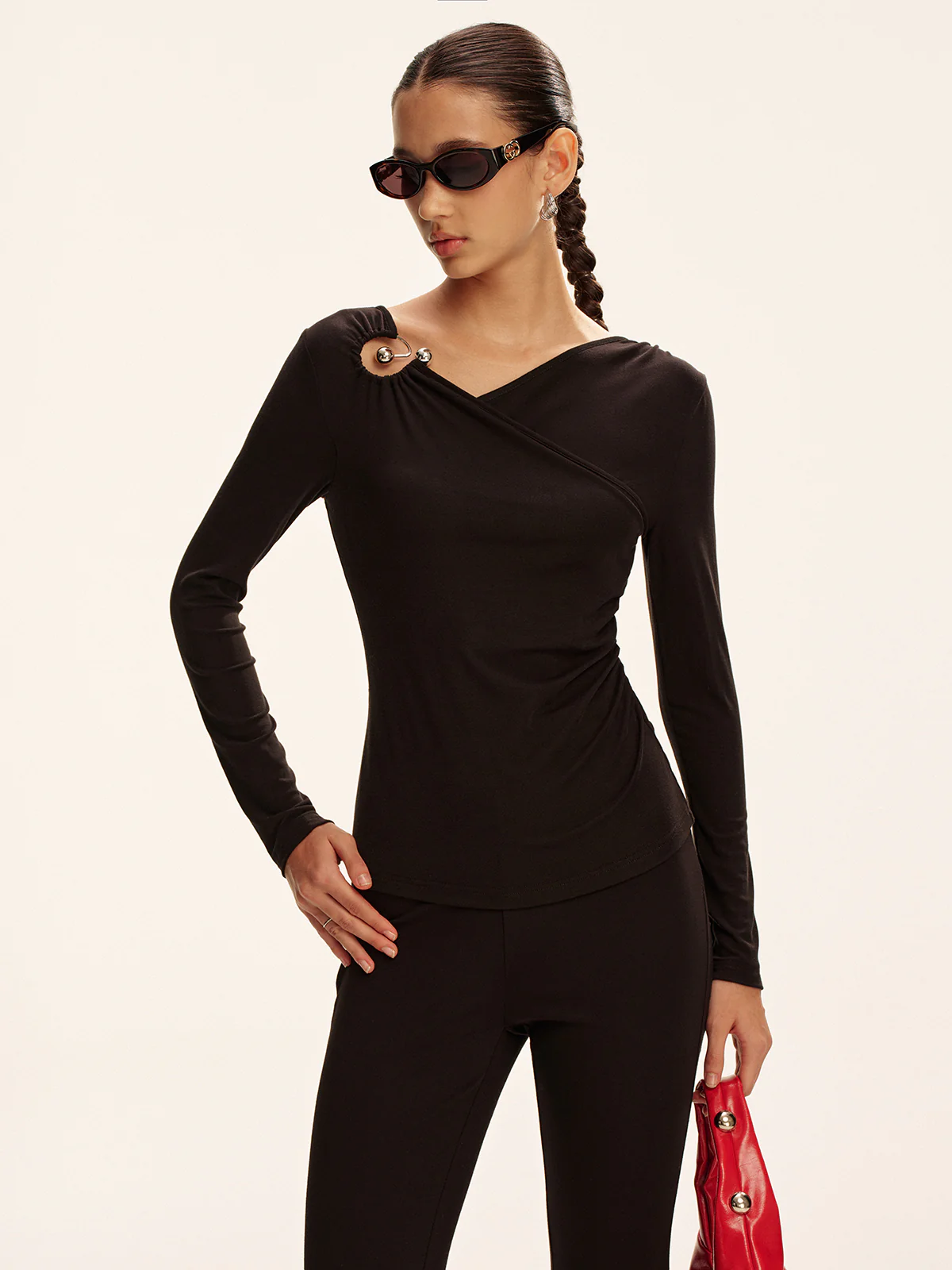 Asymmetric Cut-Out Long-Sleeve T-Shirt - Wholesalesil
