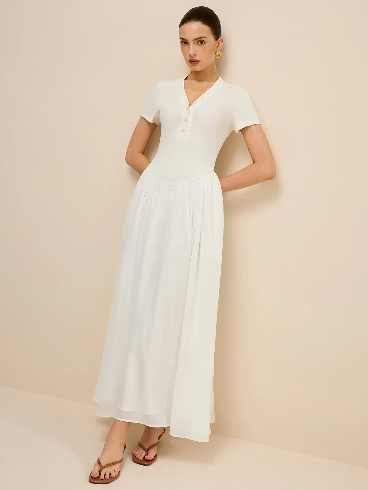 Button-Placket V-Neck Maxi Dress - Wholesalesil