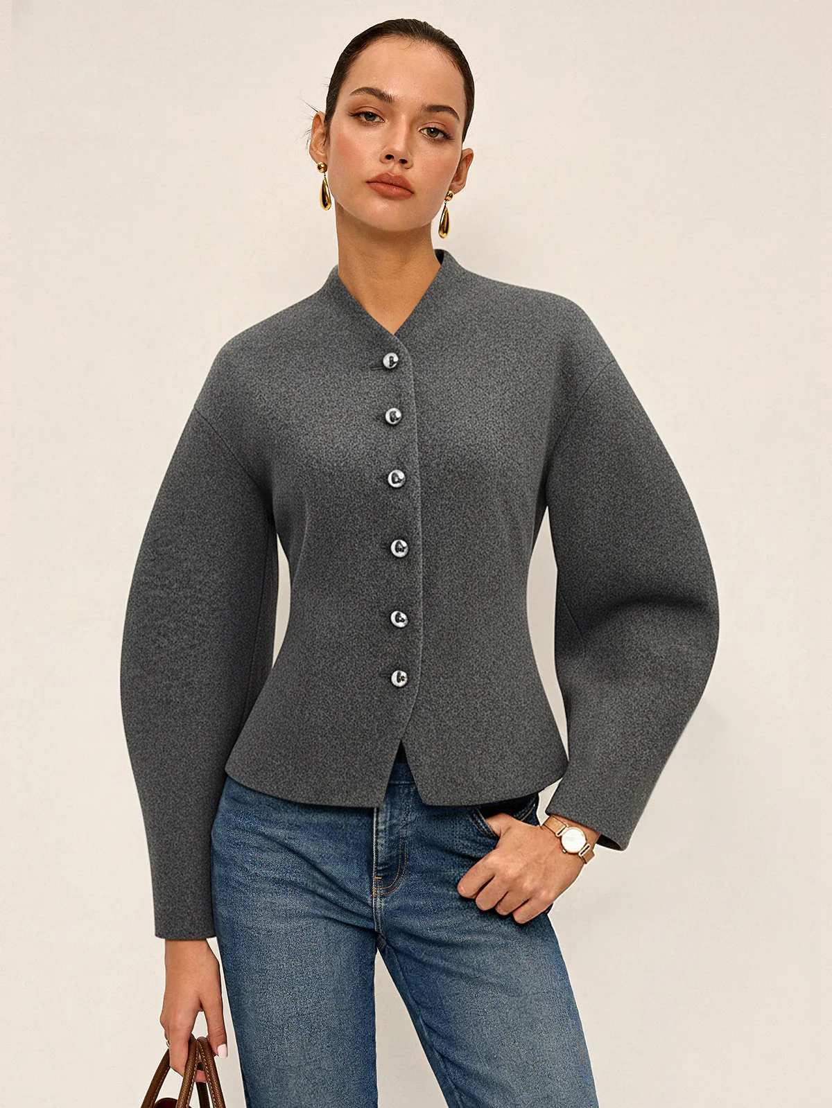 Curved Sleeve Tweed Jacket - Wholesalesil