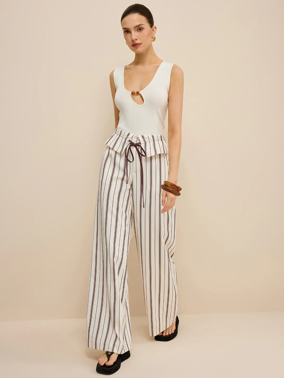 Striped Wide-Leg Pants with Peplum Waist - Wholesalesil