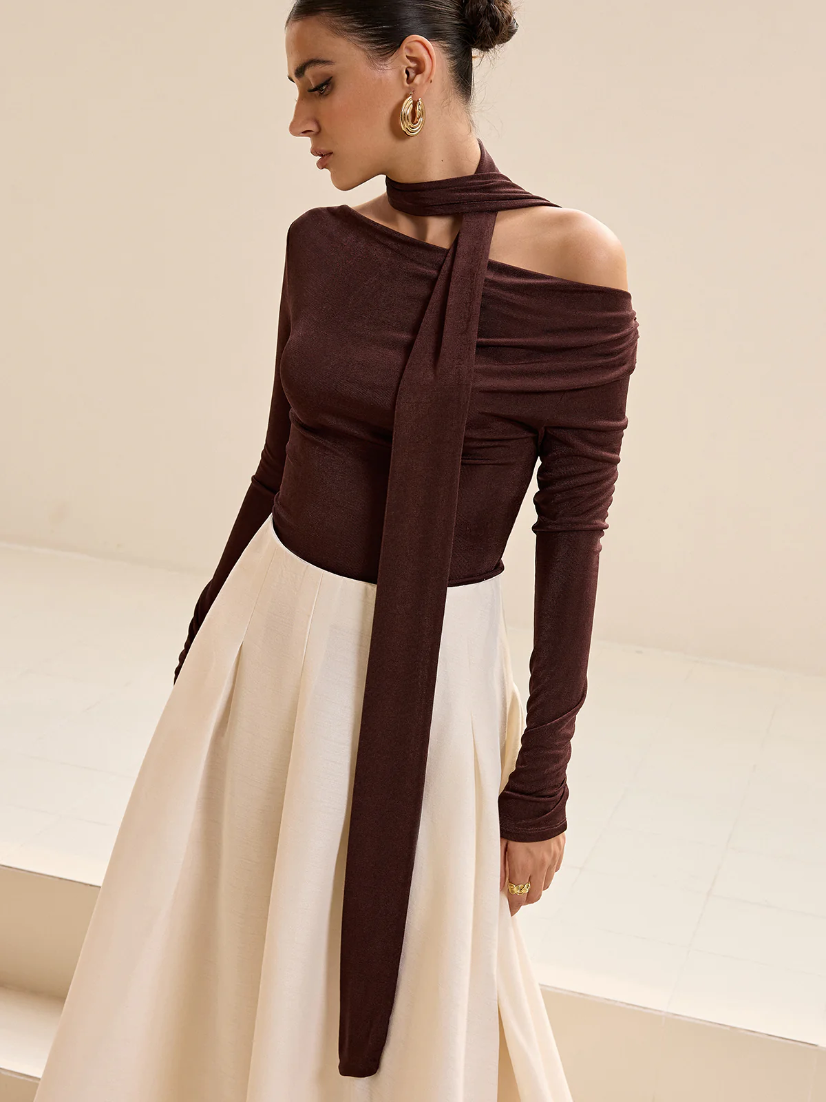 Asymmetric Neck Tie Detail Long-Sleeve T-Shirt - Wholesalesil