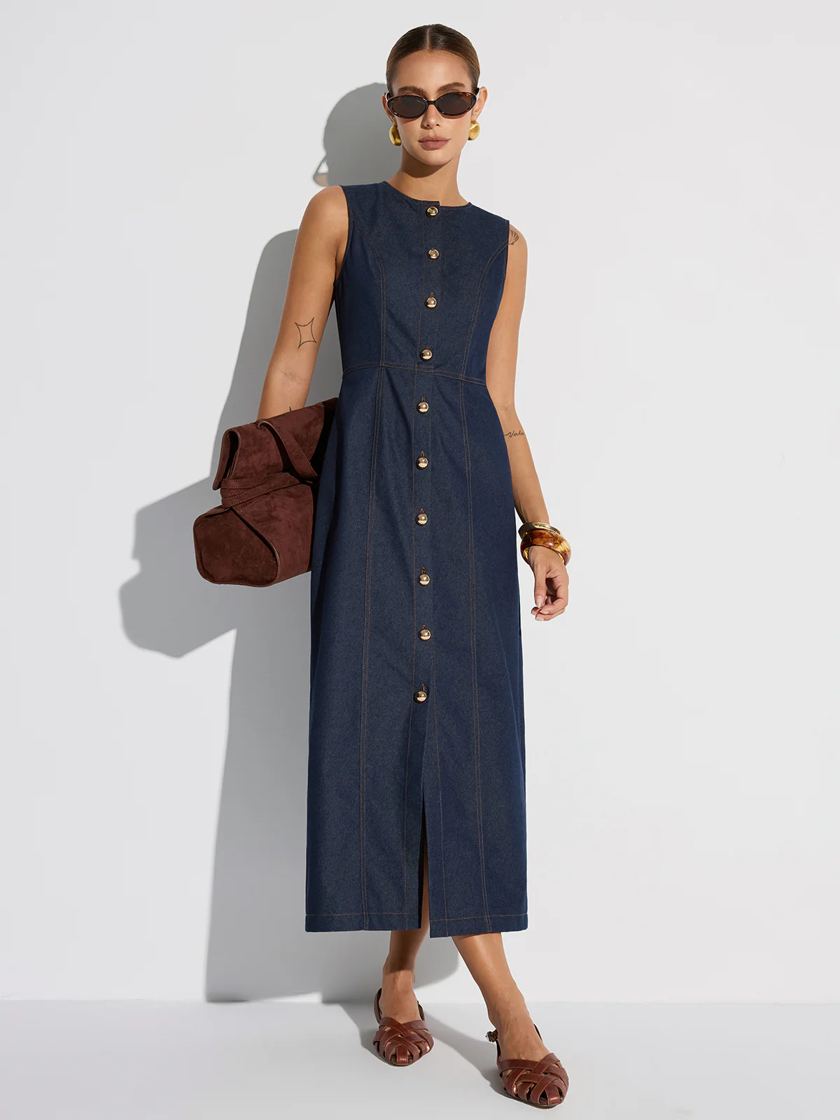 Button-Front Sleeveless Denim Maxi Dress - Wholesalesil