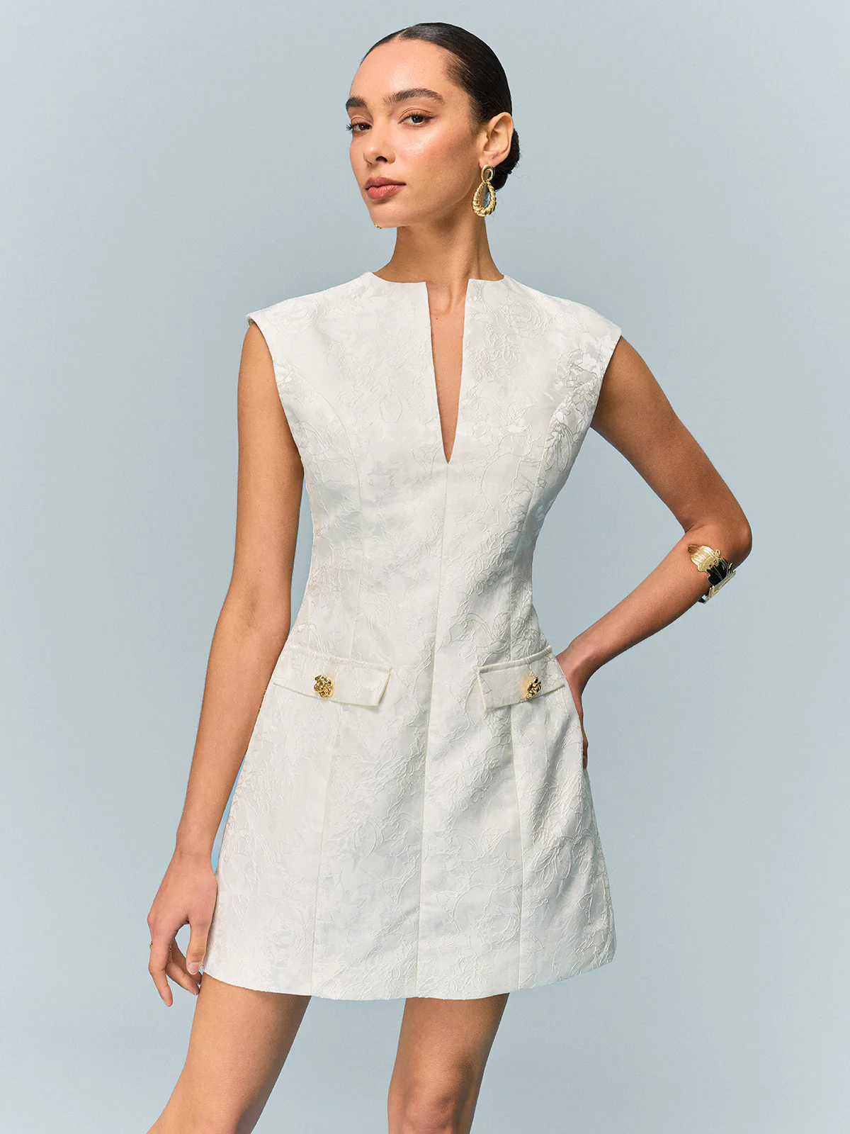 Pocketed Textured Mini Dress with Metal Button - Wholesalesil