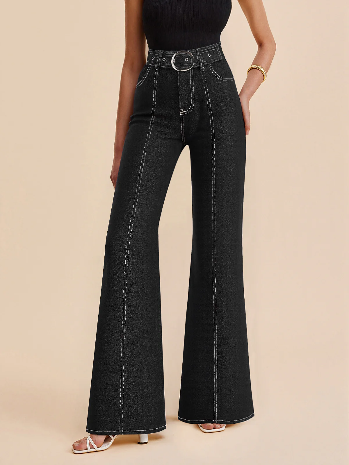 Denim Contrast-Stitch Pants with Belt - Wholesalesil