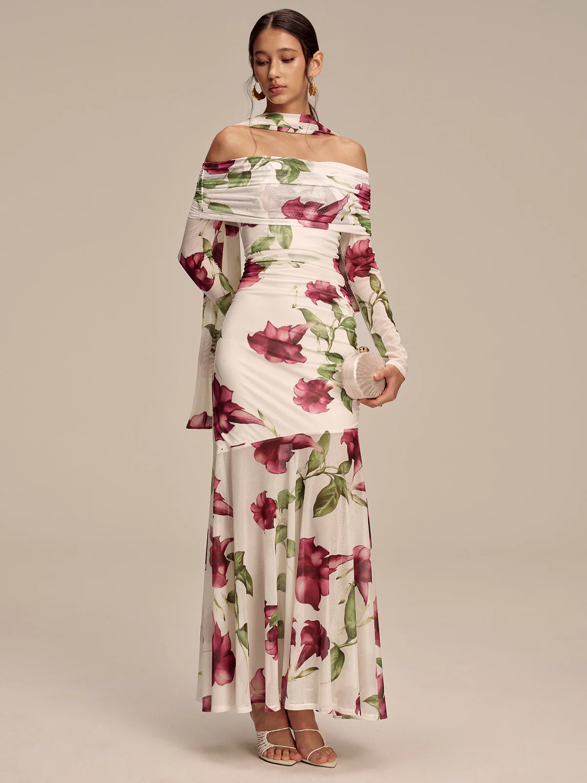 Floral Print Off-Shoulder Mesh Maxi Dress with Scarf Detail - Wholesalesil