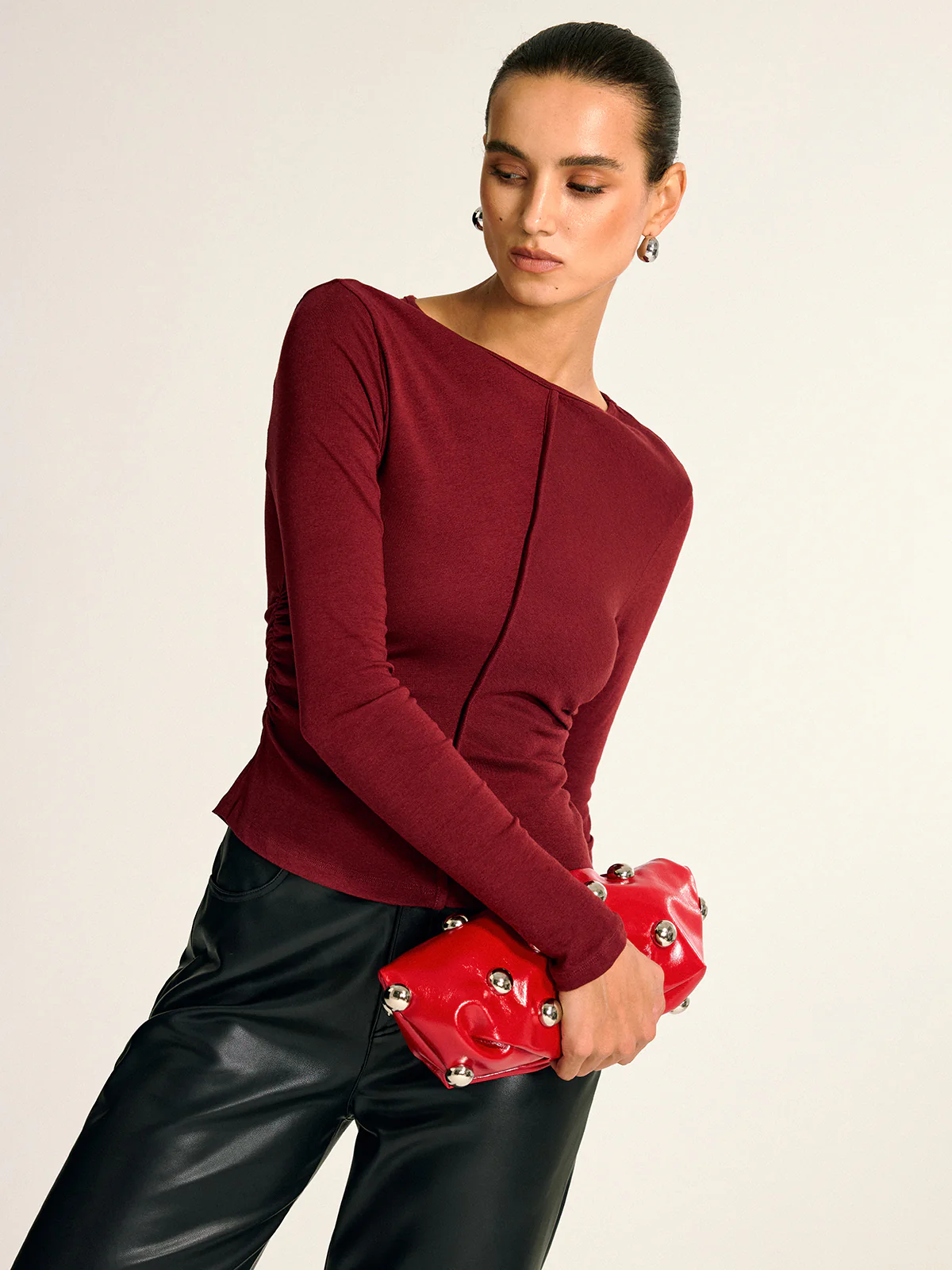 Wool Blend Ruched Long Sleeve T-Shirt - Wholesalesil