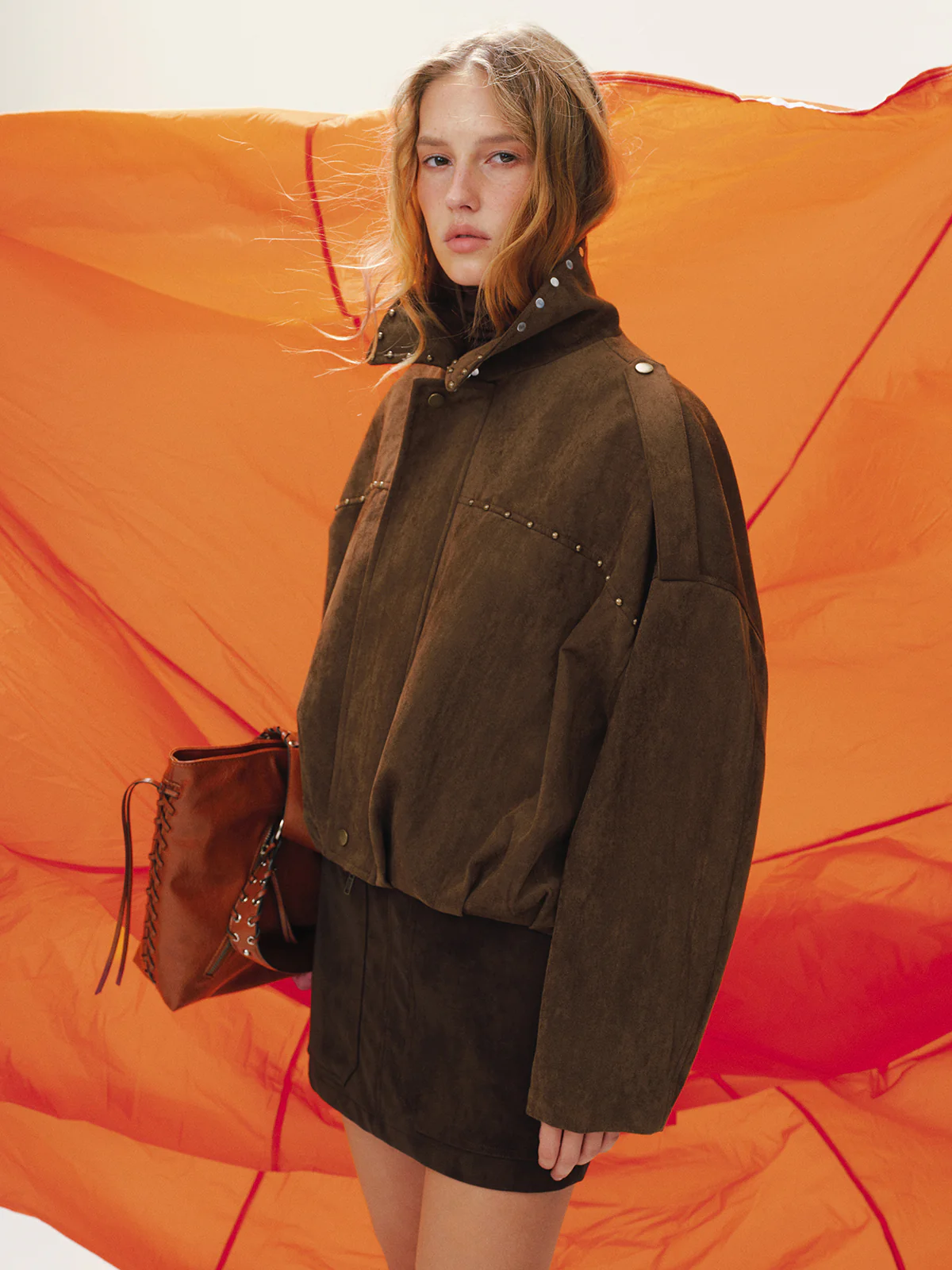 Vintage Suede Effect Studded Bomber Jacket - Wholesalesil