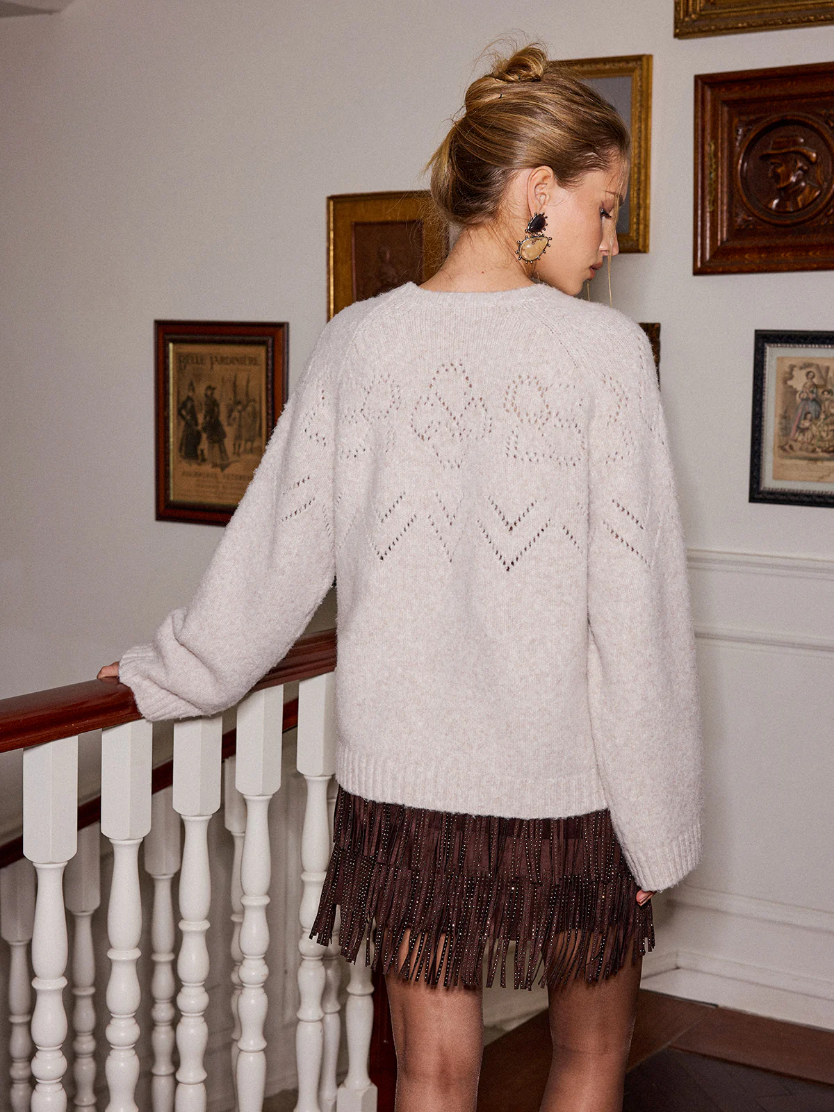 Wool Blend Openwork Knit Sweater - Wholesalesil