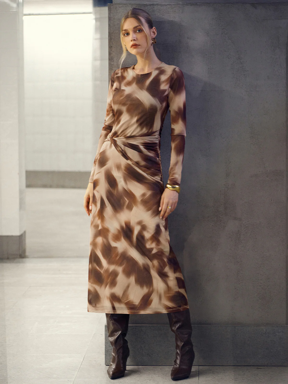 Abstract Print Twisted Mesh Midi Dress - Wholesalesil