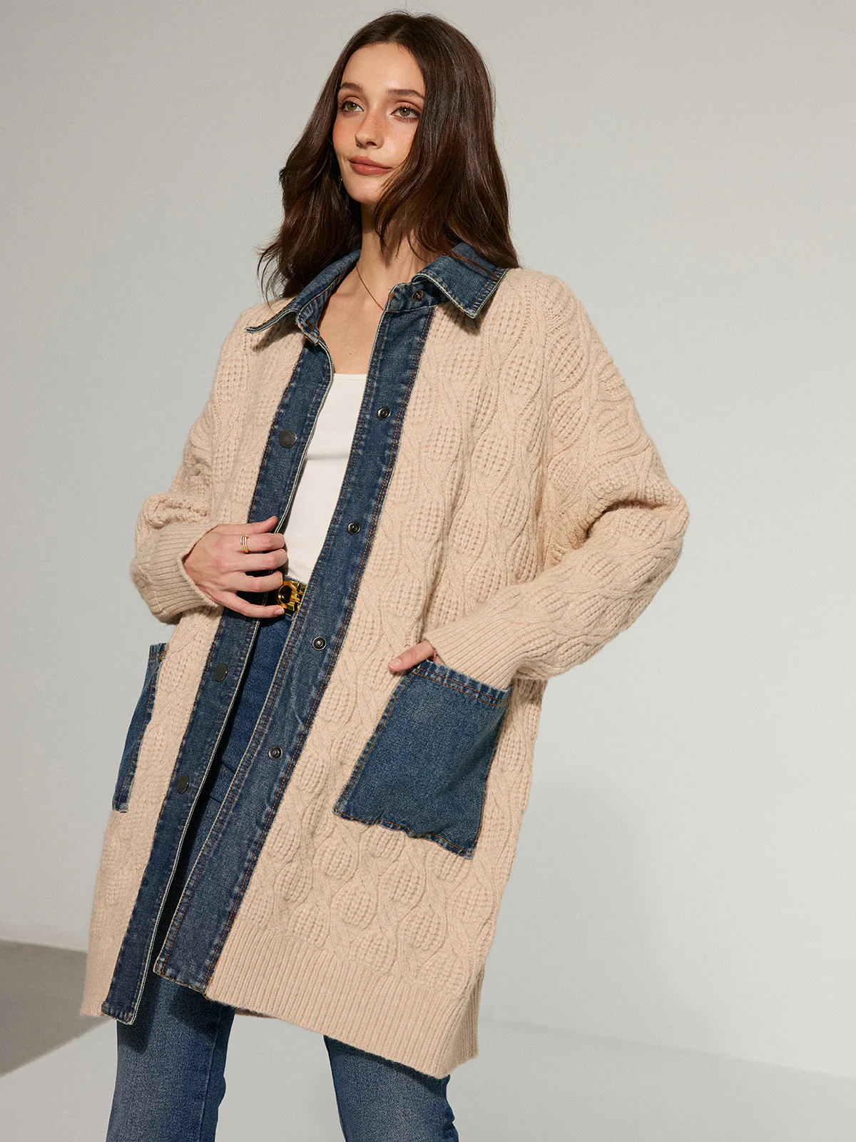 Cable Knit Denim Paneled Longline Cardigan - Wholesalesil