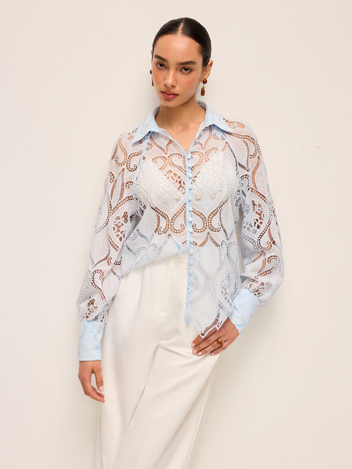 Sheer Lace Blouse With Cloth Button - Wholesalesil