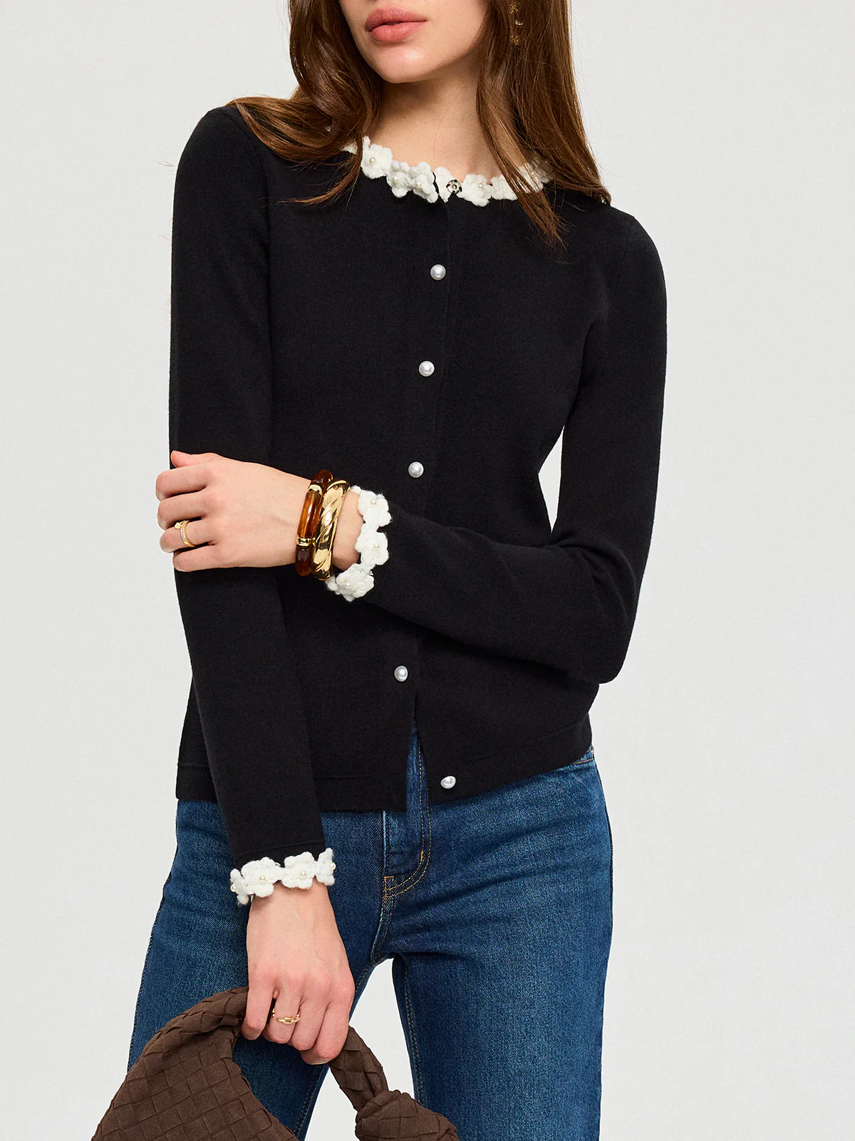 3D Floral Trim Pearl Button Cardigan - Wholesalesil