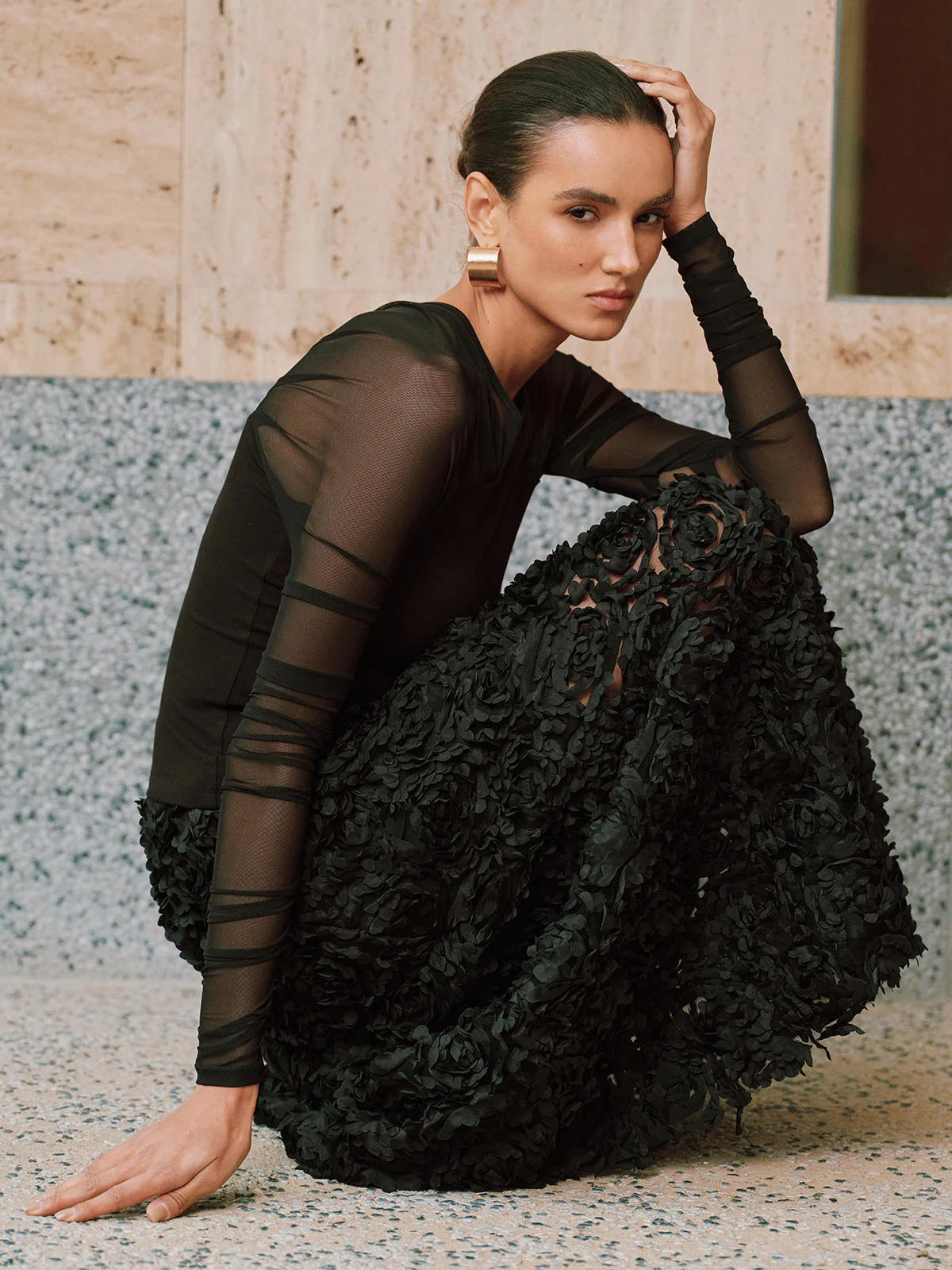 Sheer Mesh Paneled V-Neck Blouse - Wholesalesil