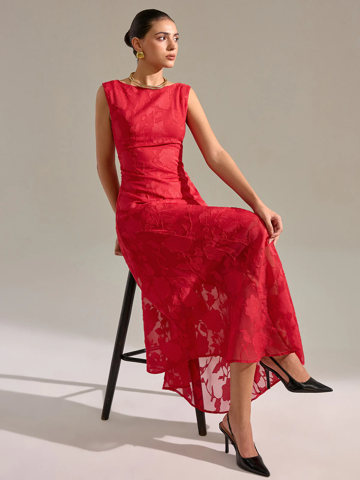 Floral Jacquard Sleeveless Maxi Dress - Wholesalesil