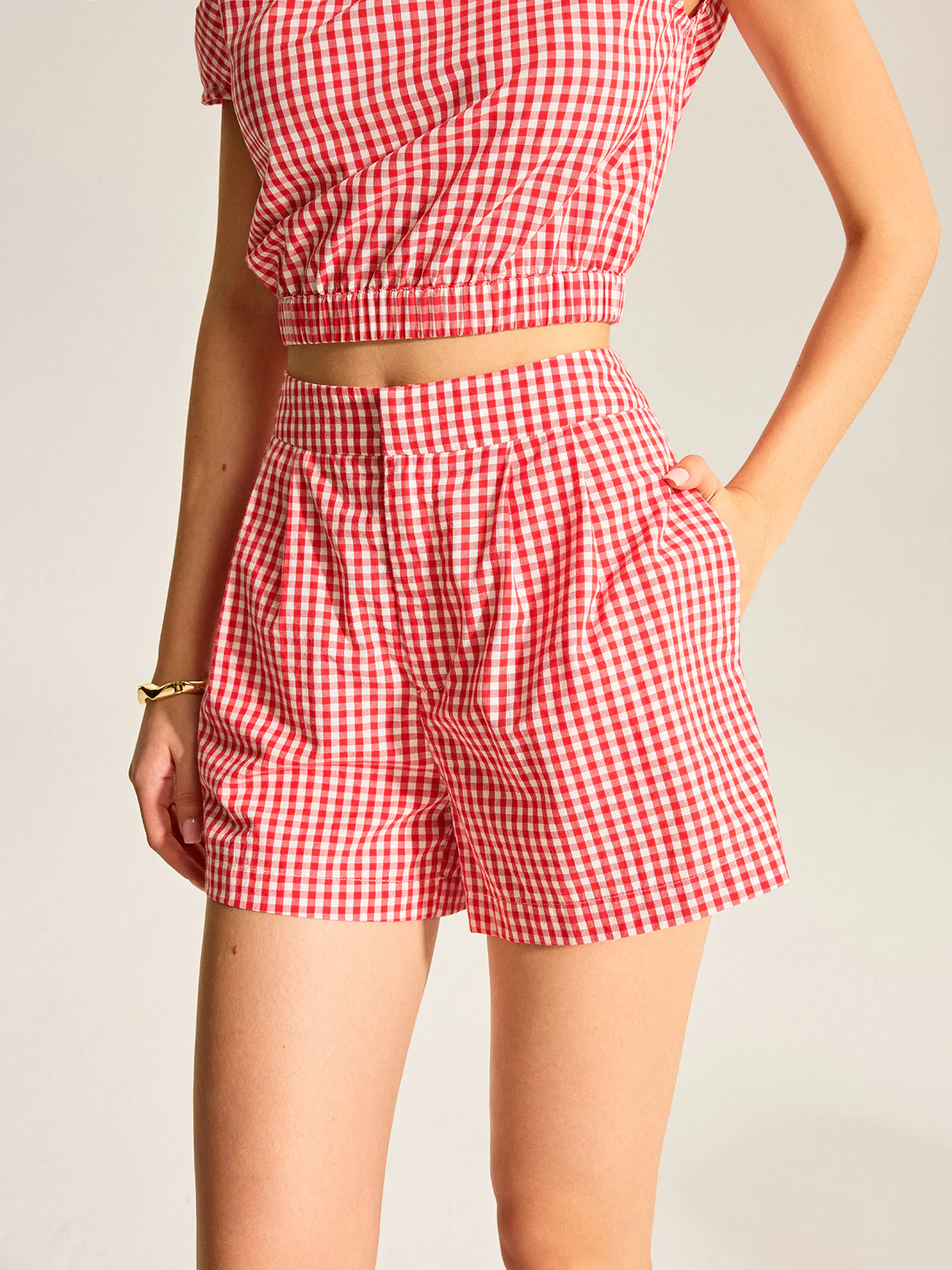 Gingham One-Shoulder Top and Shorts Set - Wholesalesil