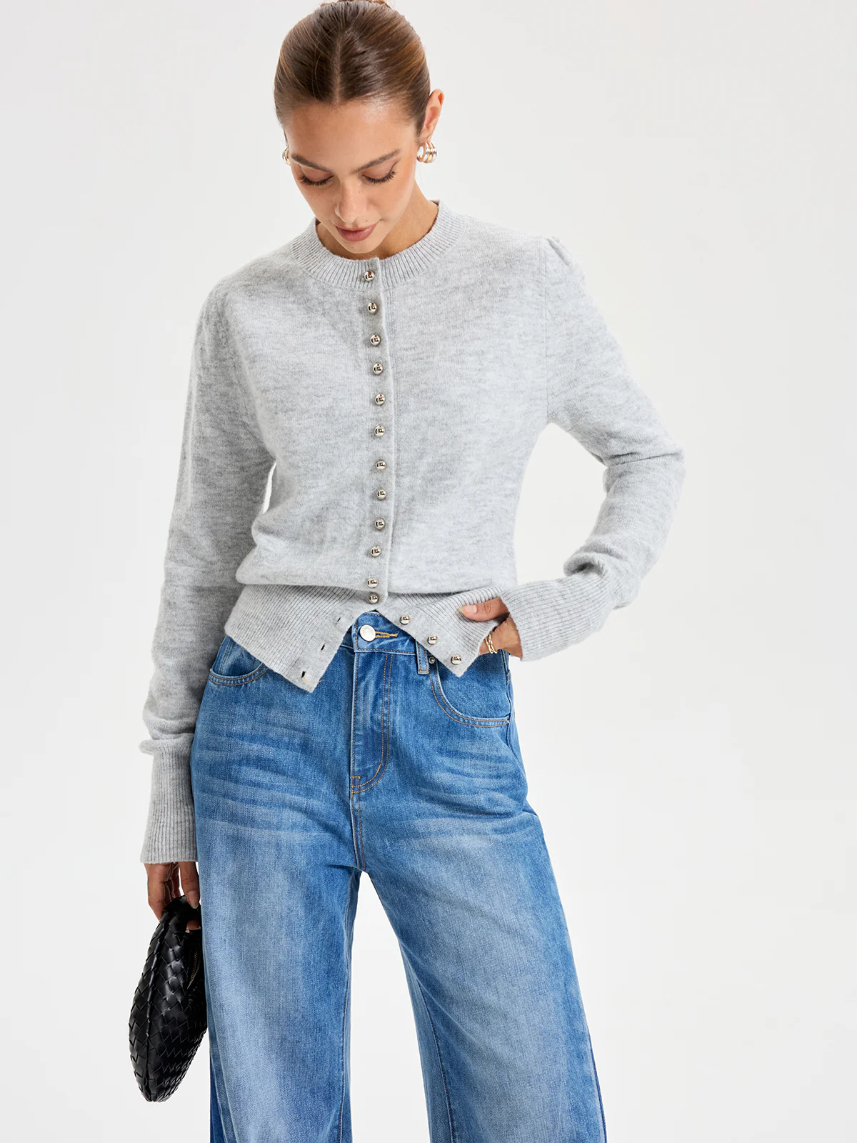Buttoned Crew Neck Cardigan - Wholesalesil