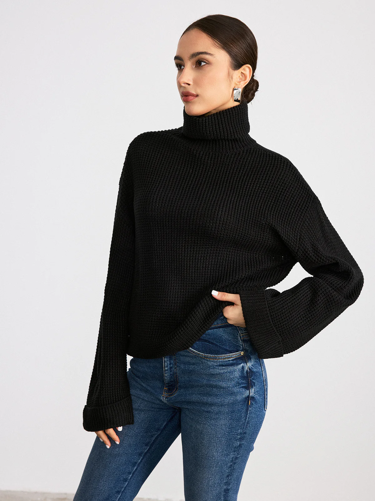 Turtleneck Waffle-Knit Long Sleeve Sweater - Wholesalesil