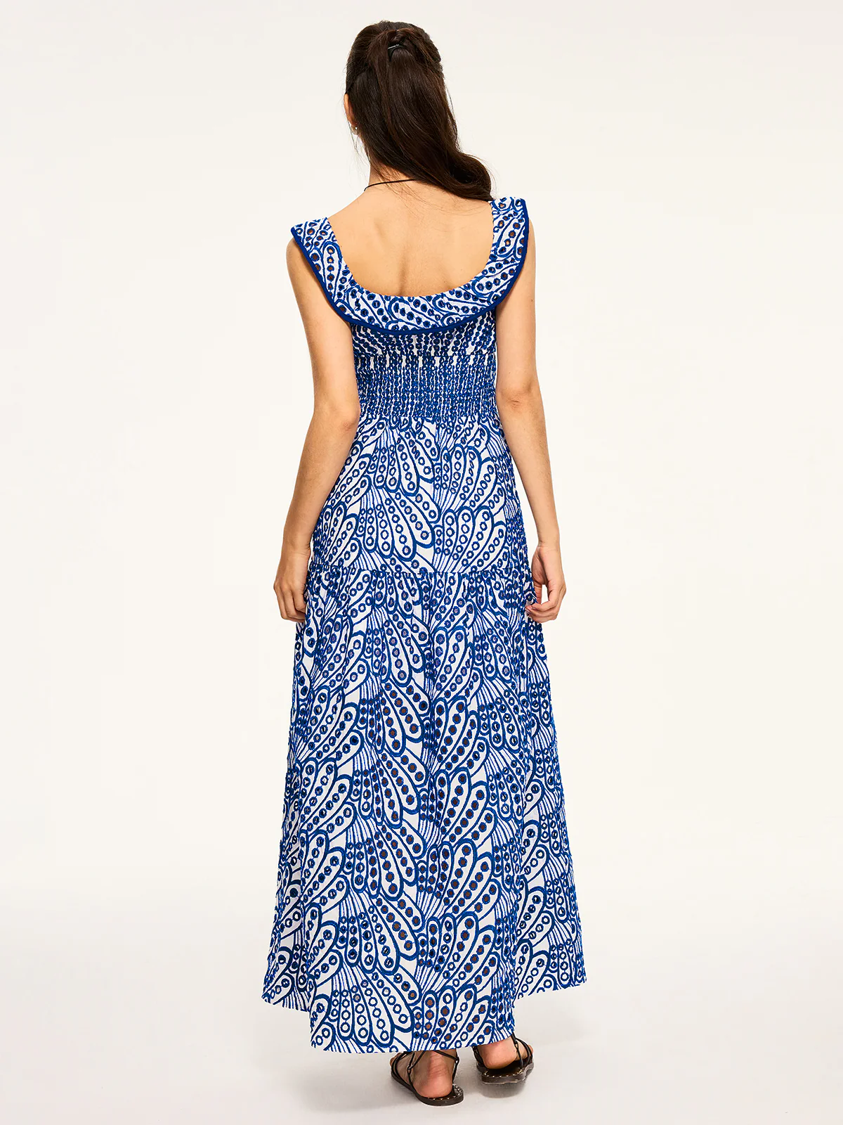 Semi-Sheer Embroidered Maxi Dress with Ruffled Trim - Wholesalesil