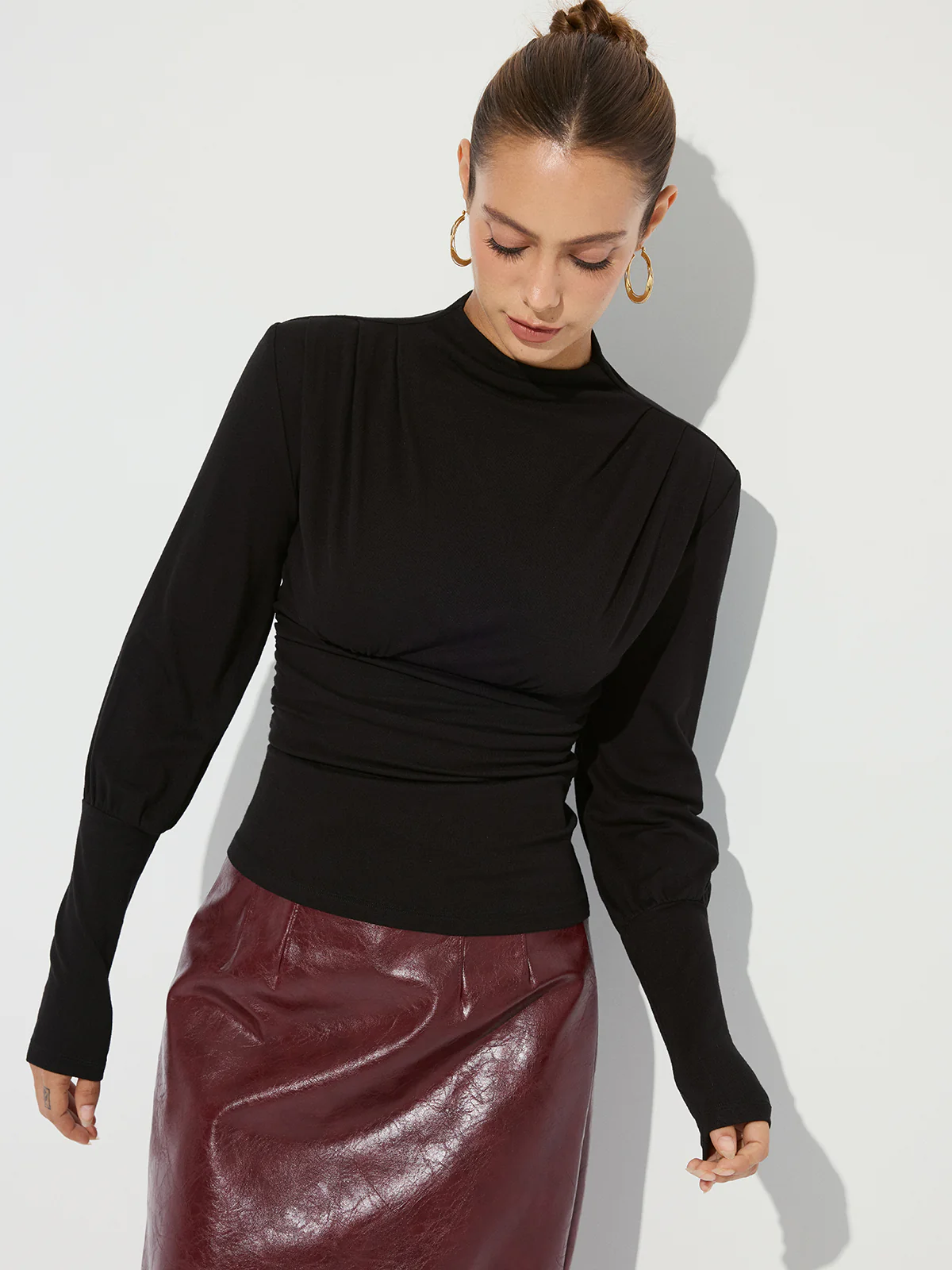 Ruched Mock Neck Top - Wholesalesil