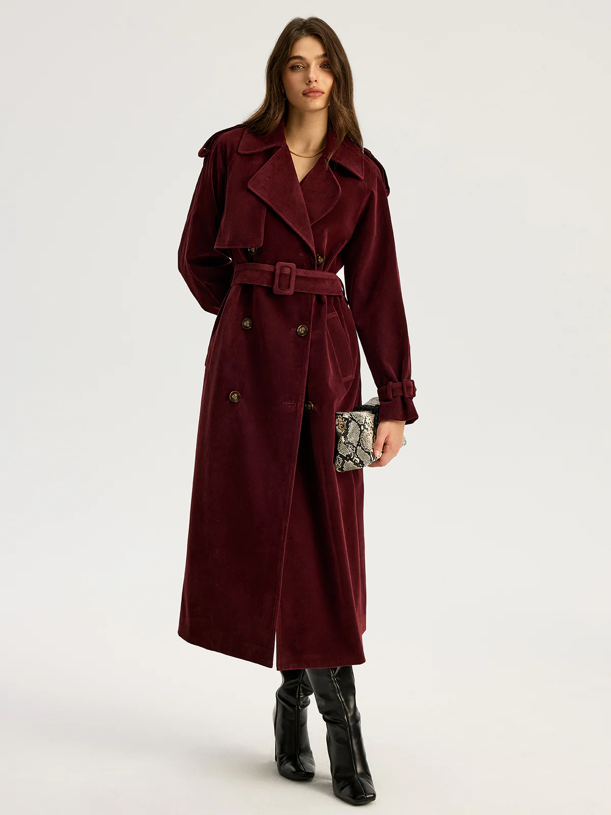 Belted Double-Breasted Suede Effect Long Trench Coat - Wholesalesil