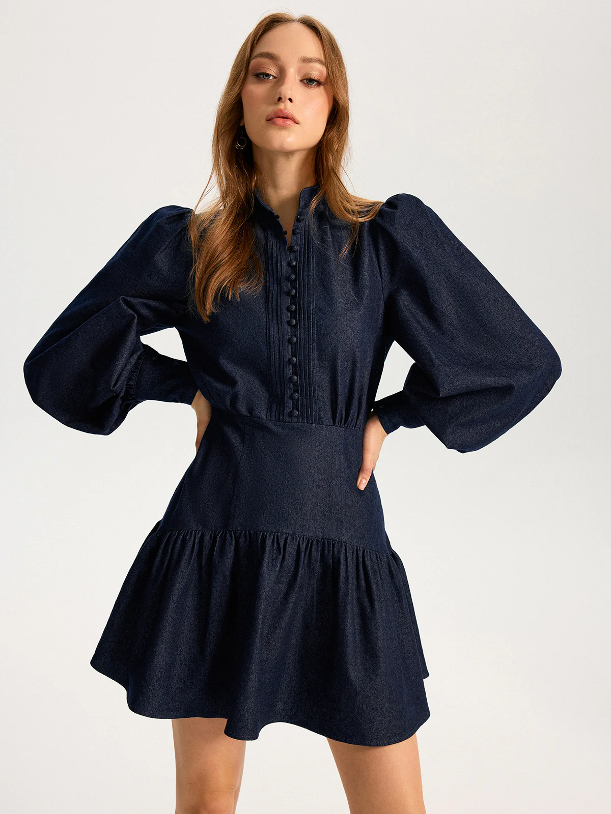 Denim Stand Collar Puff Sleeve Mini Dress - Wholesalesil