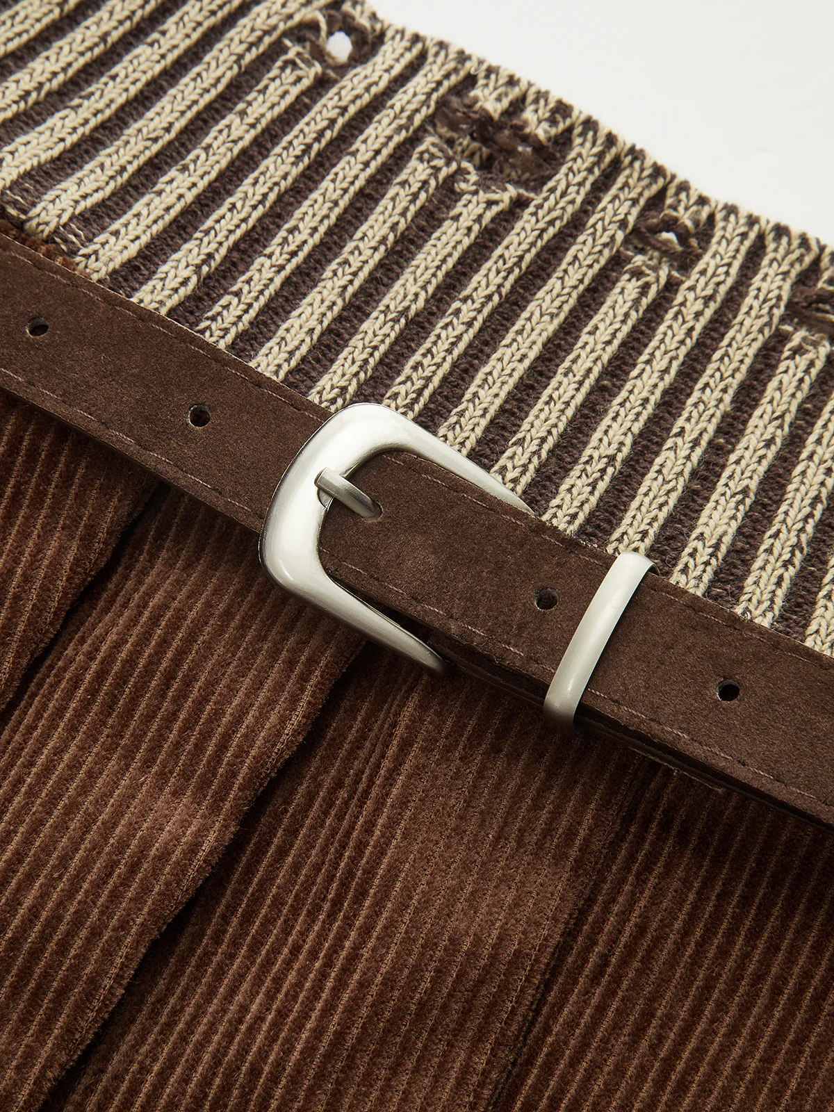 Belted Corduroy Pleated Mini Skirt with Knit Waistband - Wholesalesil