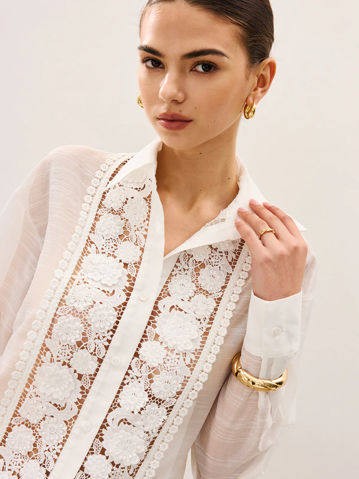 Sheer Lace Detail Blouse - Wholesalesil