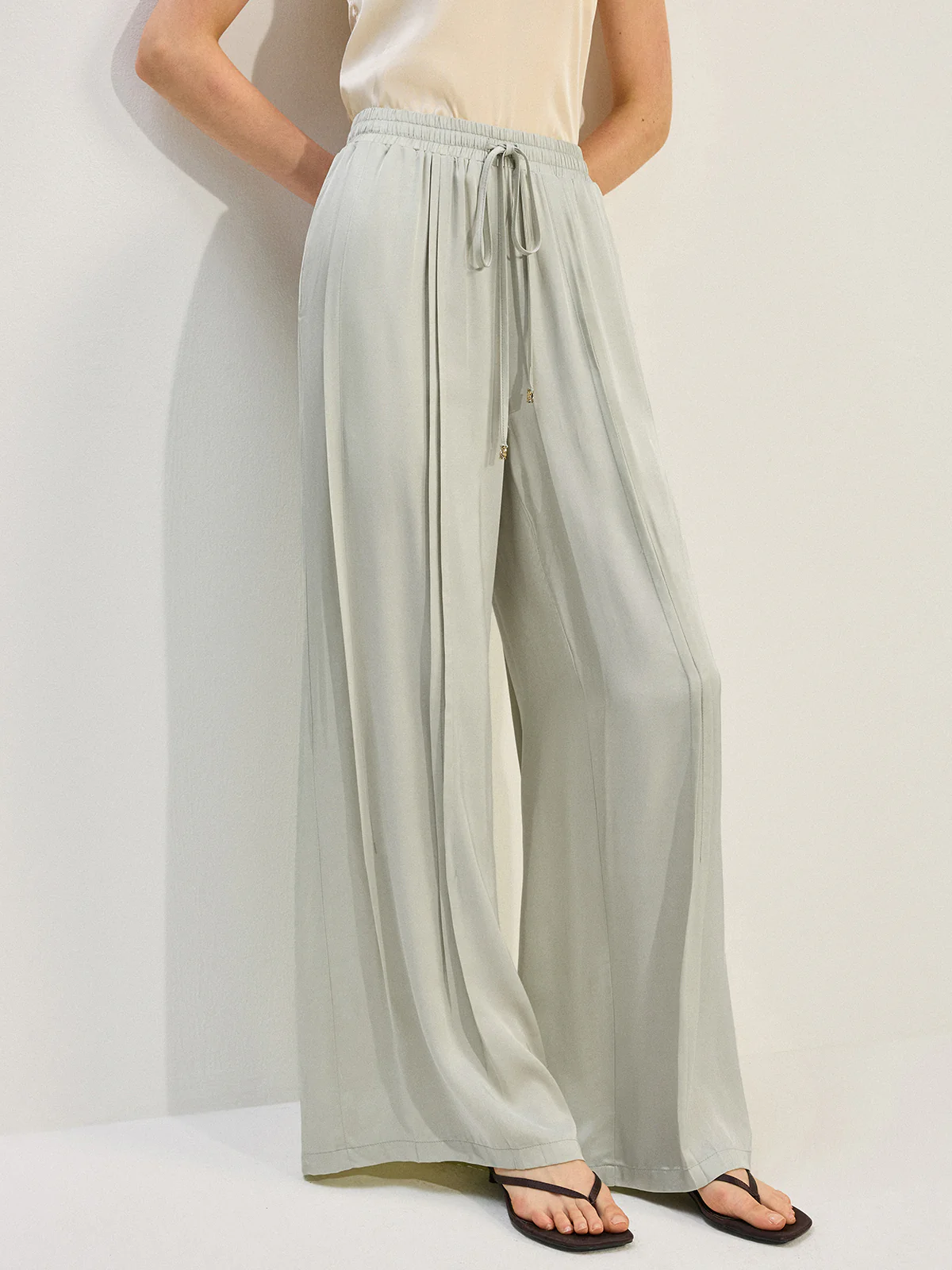 Tencel Rayon Satin Wide-Leg Pants with Pleats - Wholesalesil