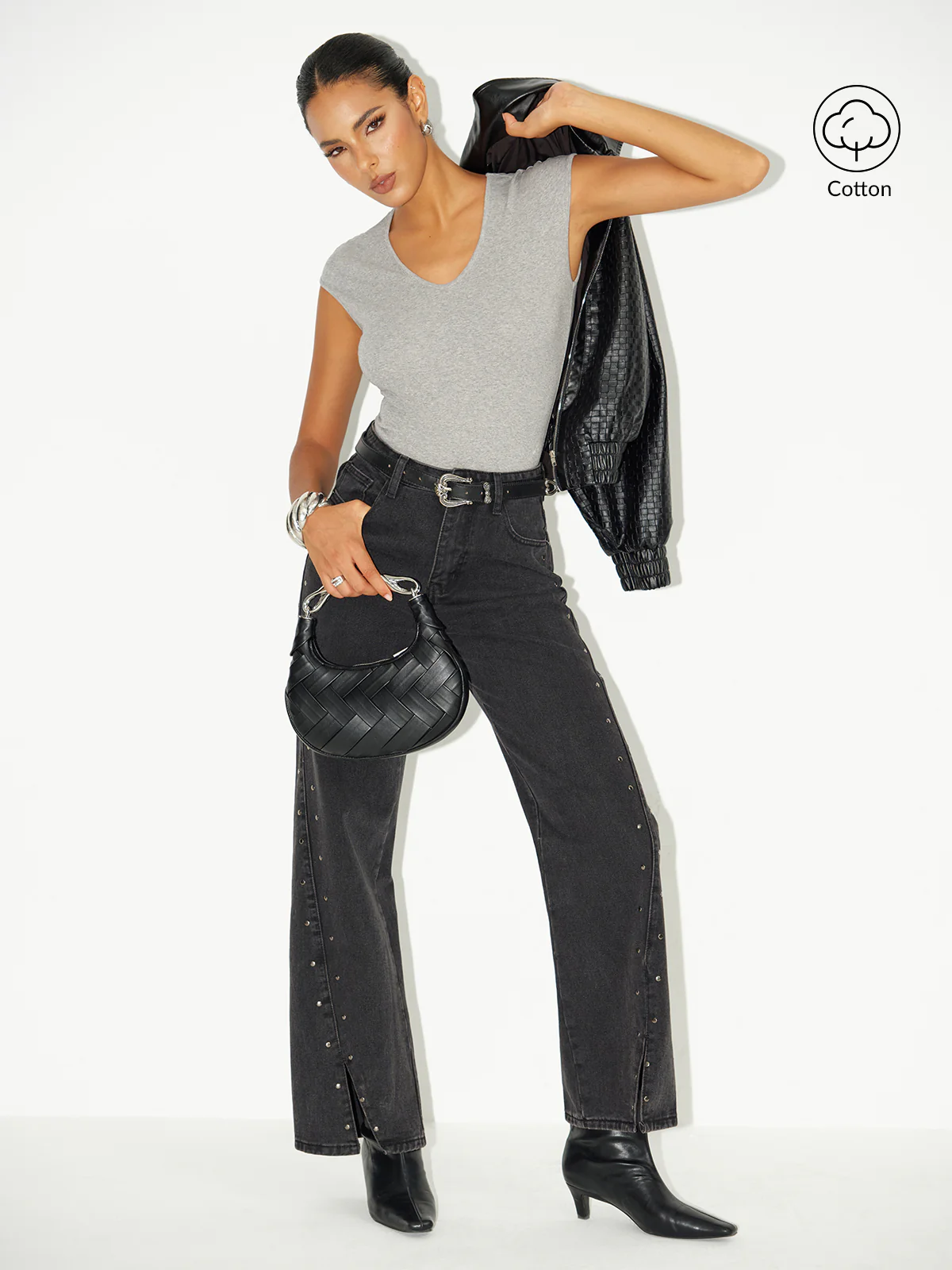 V-Neck Cap Sleeve Cotton-Blend Top - Wholesalesil