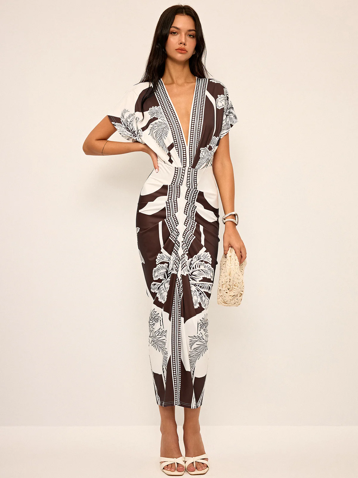 Printed Deep V-Neck Midi Dress Without Belt - Wholesalesil