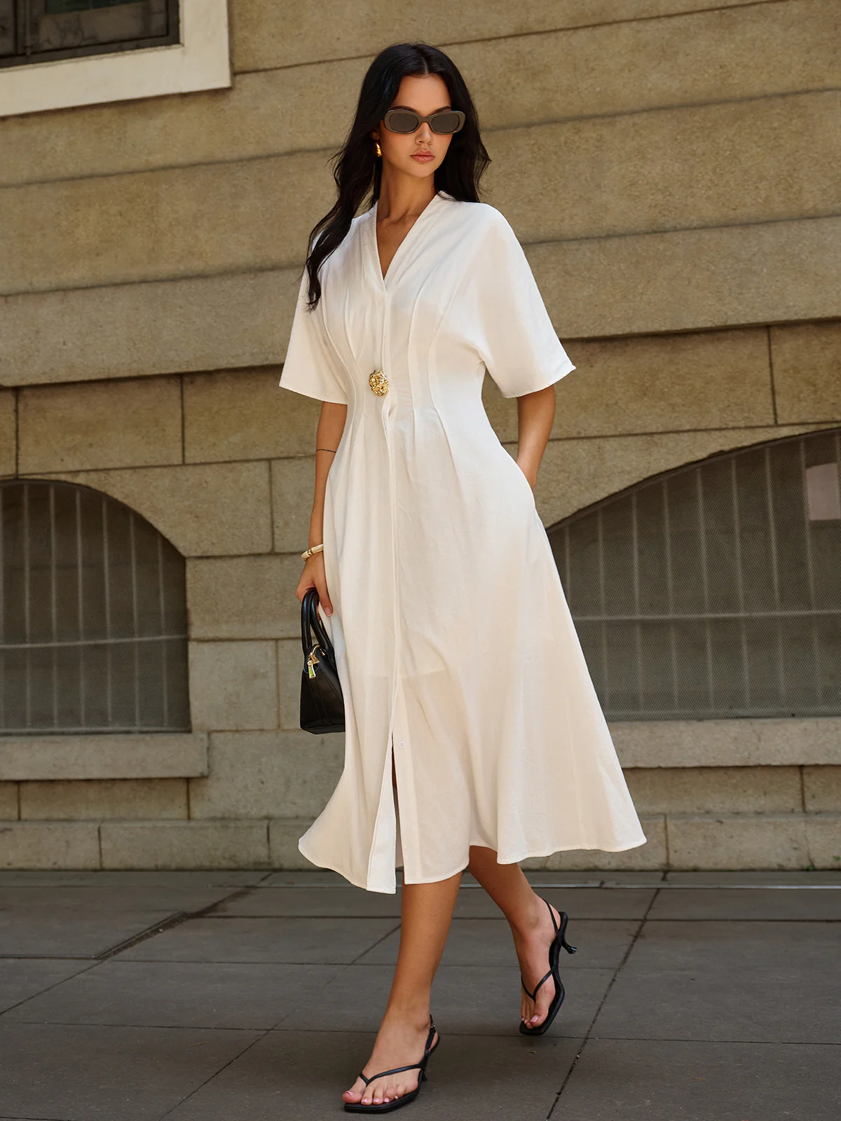 Metal Decor V-Neck Midi Dress - Wholesalesil