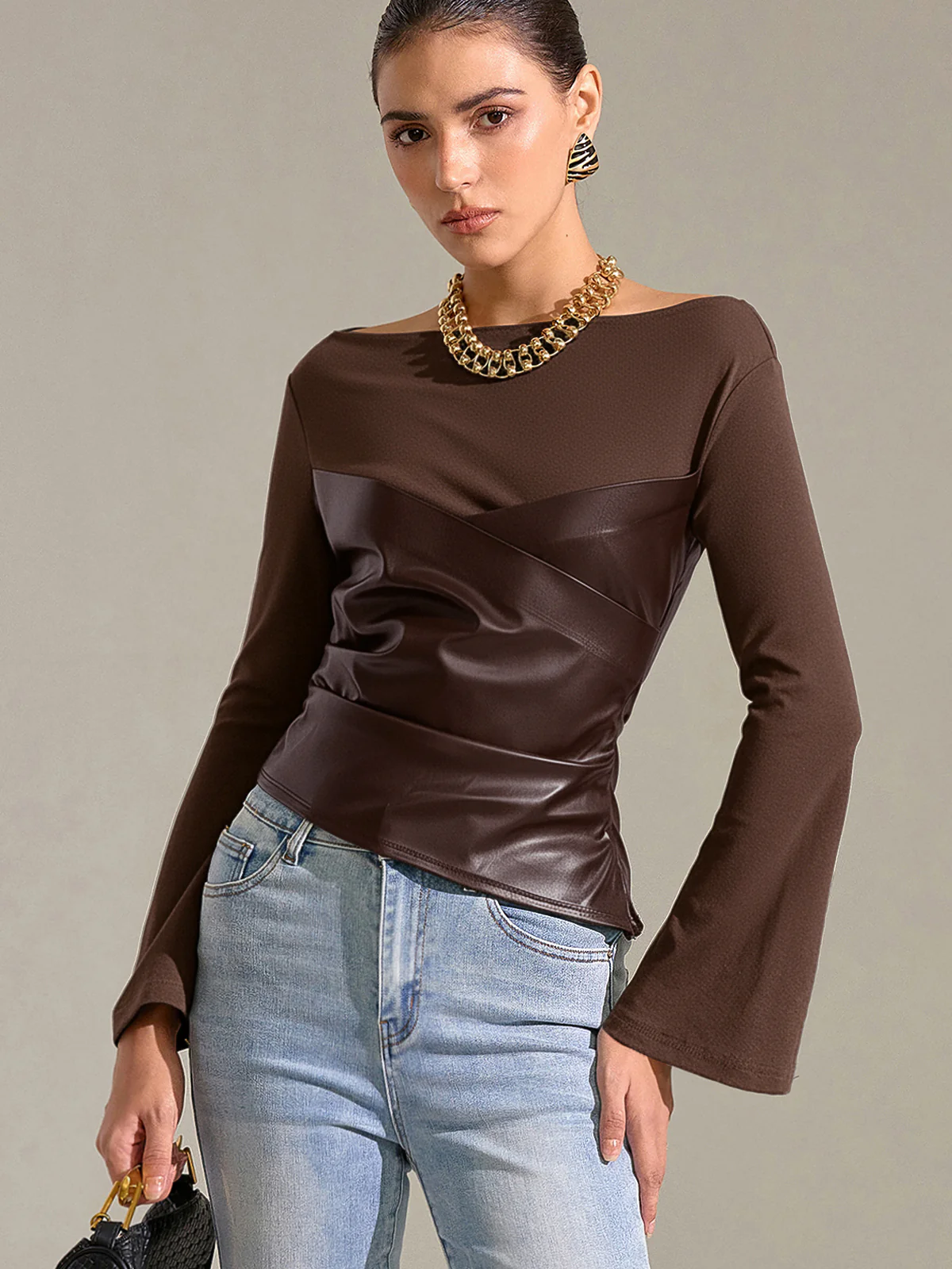 Flared Sleeve Faux Leather Panel Knit Top - Wholesalesil