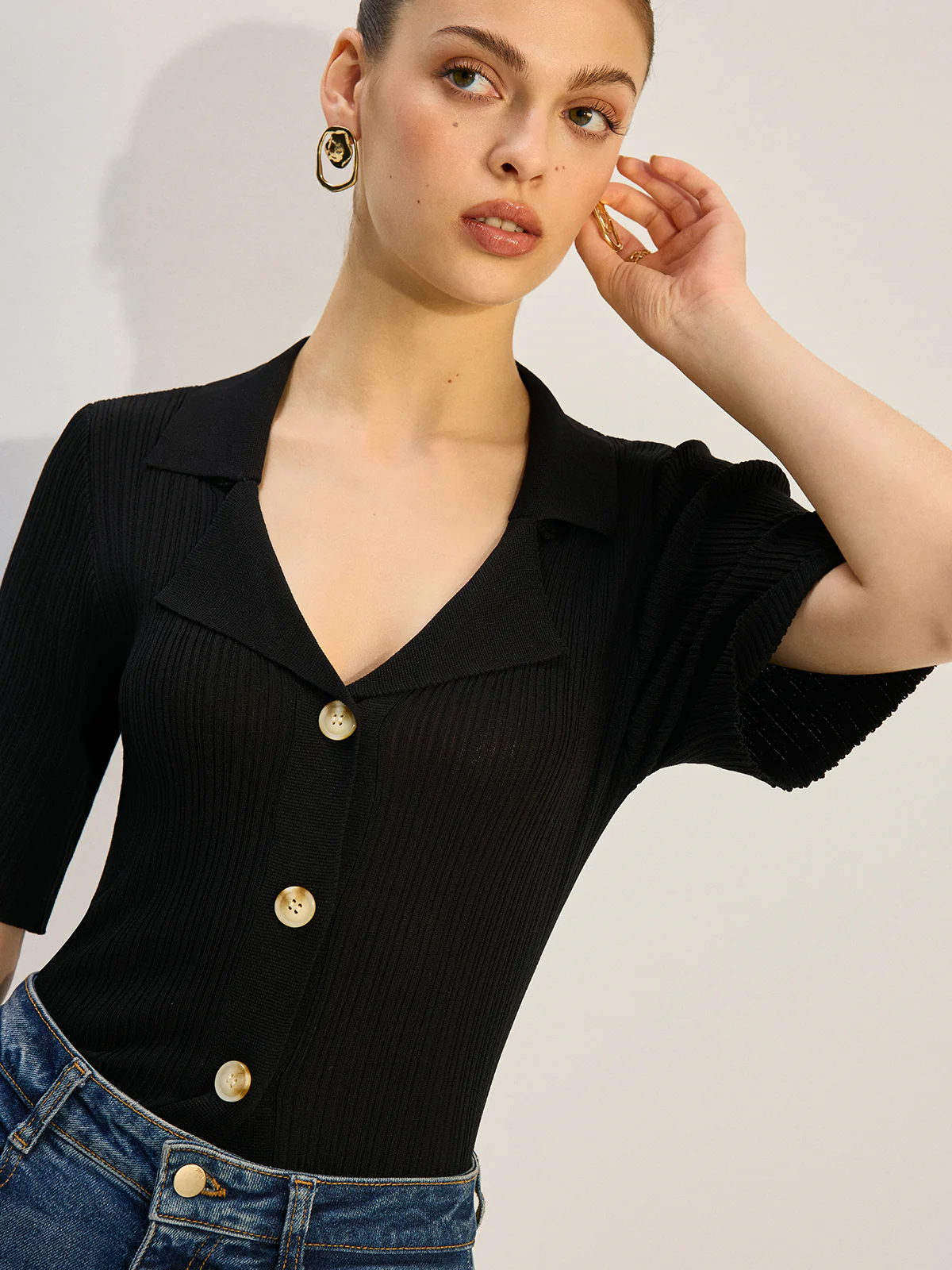 Knit Button-Up Blouse - Wholesalesil