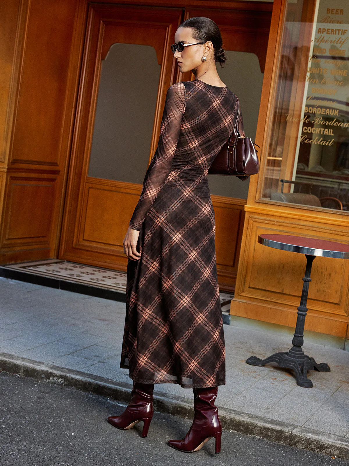 Plaid Mesh Long Sleeve Maxi Dress - Wholesalesil