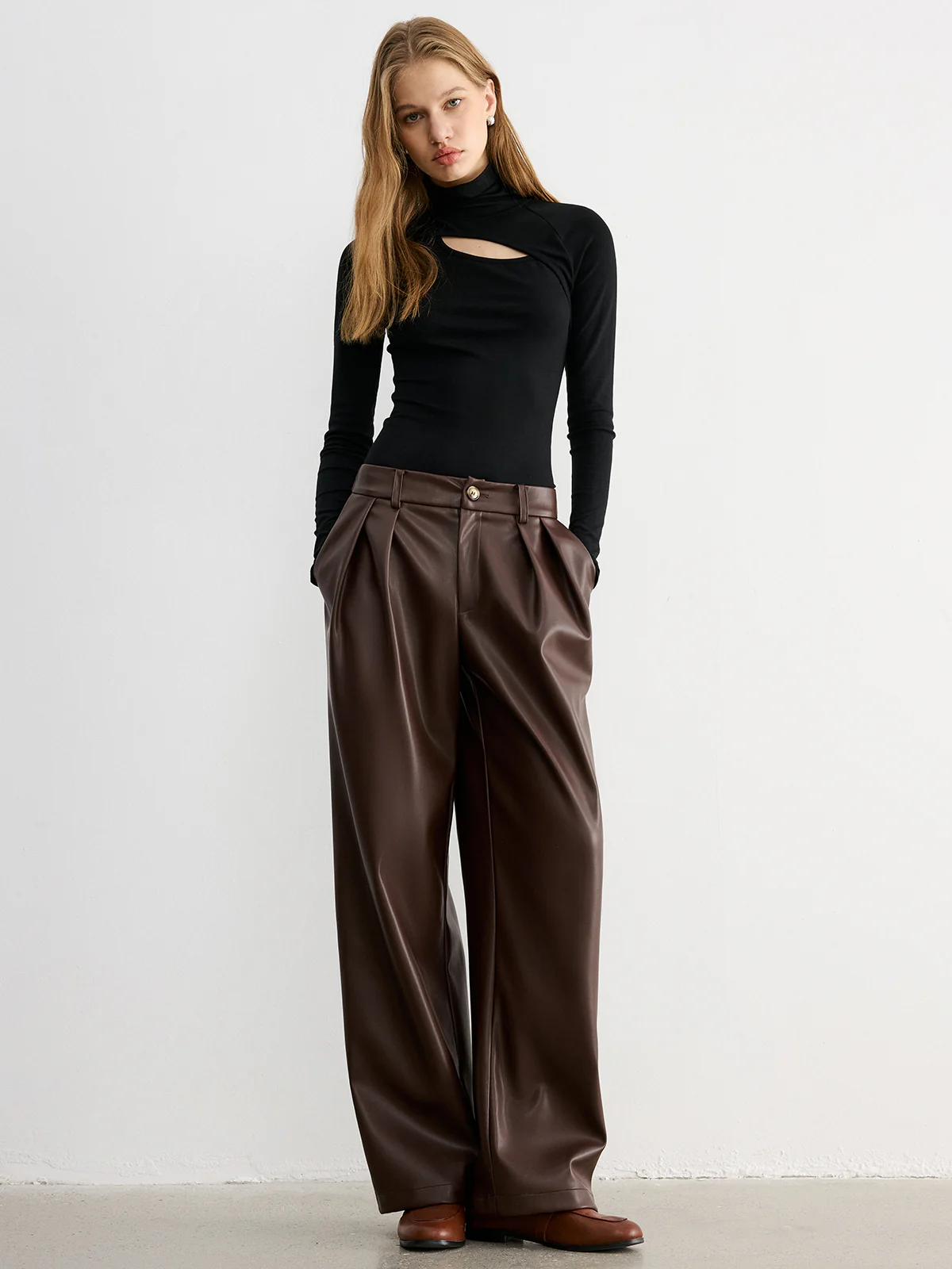 Mid-Waist Faux Leather Wide-Leg Pants - Wholesalesil