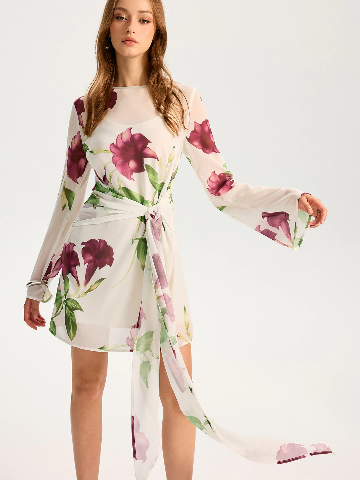 Semi-Sheer Floral Print Chiffon Mini Dress - Wholesalesil