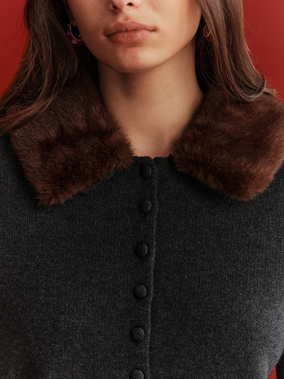 Faux Fur Collar Wool-Blend Cardigan - Wholesalesil
