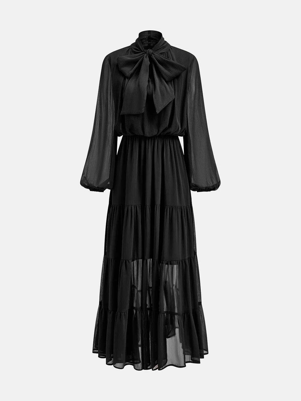 Chiffon Bow Long Sleeve Maxi Dress - Wholesalesil