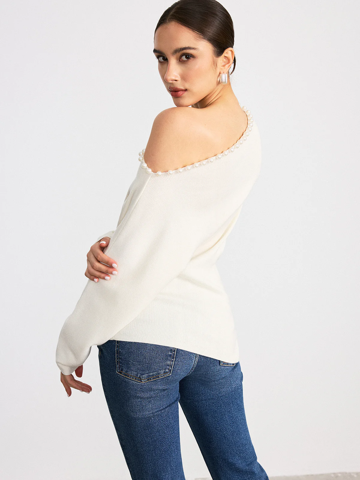 Off-Shoulder Pearl Embellished Wool Blend Sweater - Wholesalesil