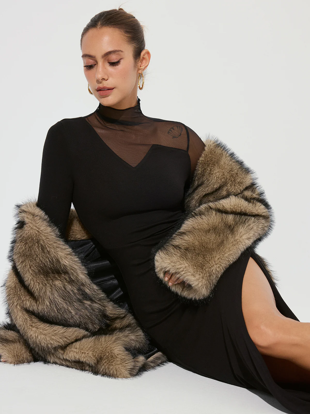 High Slit Ruched Mesh Panel Maxi Dress - Wholesalesil