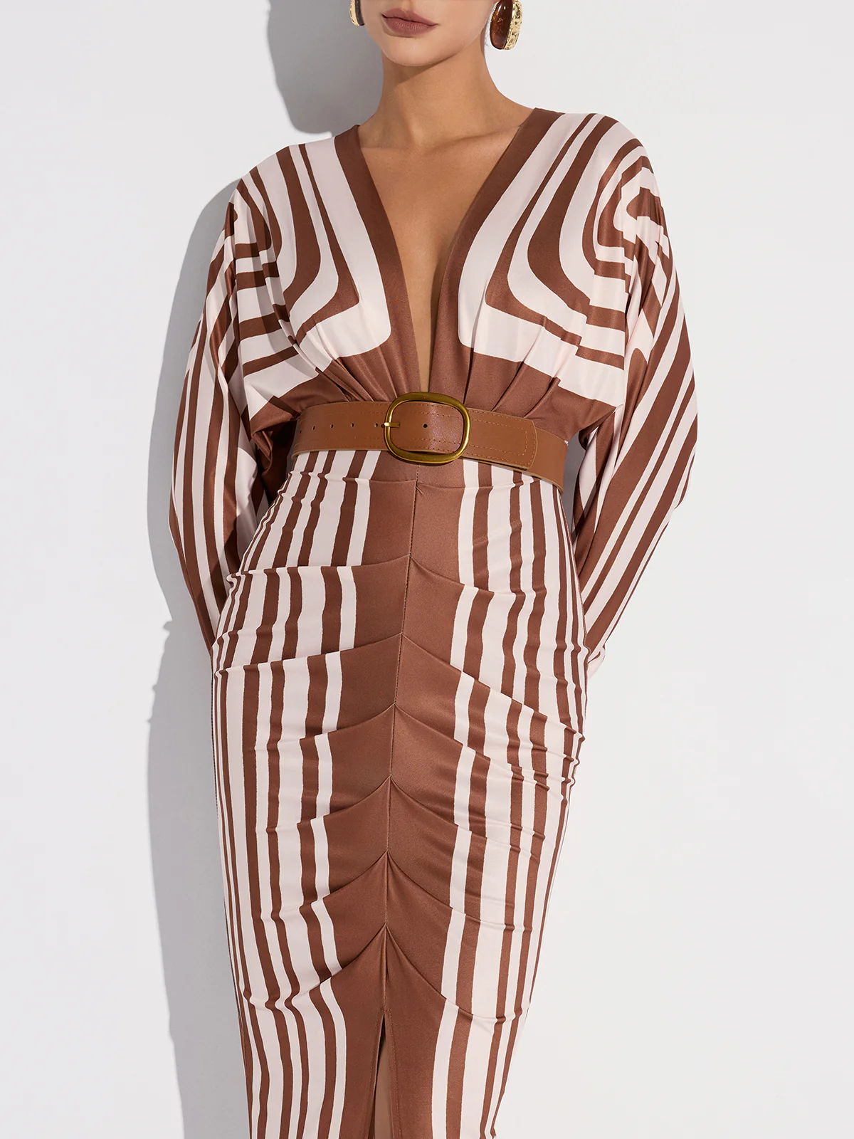 Striped Plunge Neck Slit Midi Dress without Belt - Wholesalesil