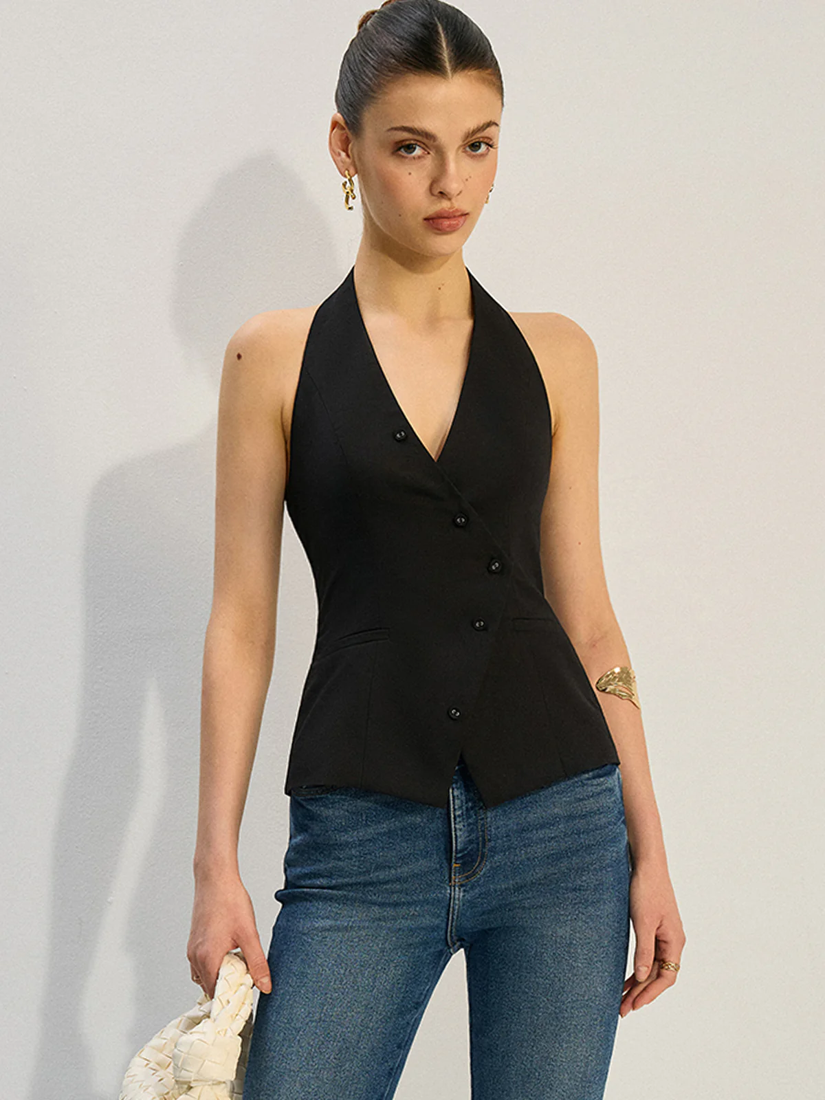 Halter Neck Asymmetric Buttoned Vest - Wholesalesil
