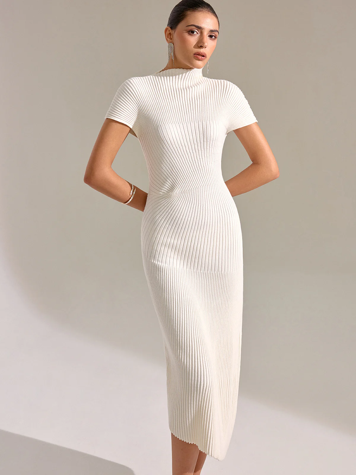 Mock Neck Short Sleeve Asymmetric Hem Maxi Dress - Wholesalesil