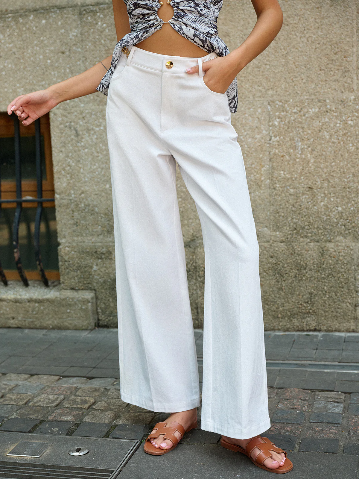 Metal Decor Wide-Leg Pants - Wholesalesil