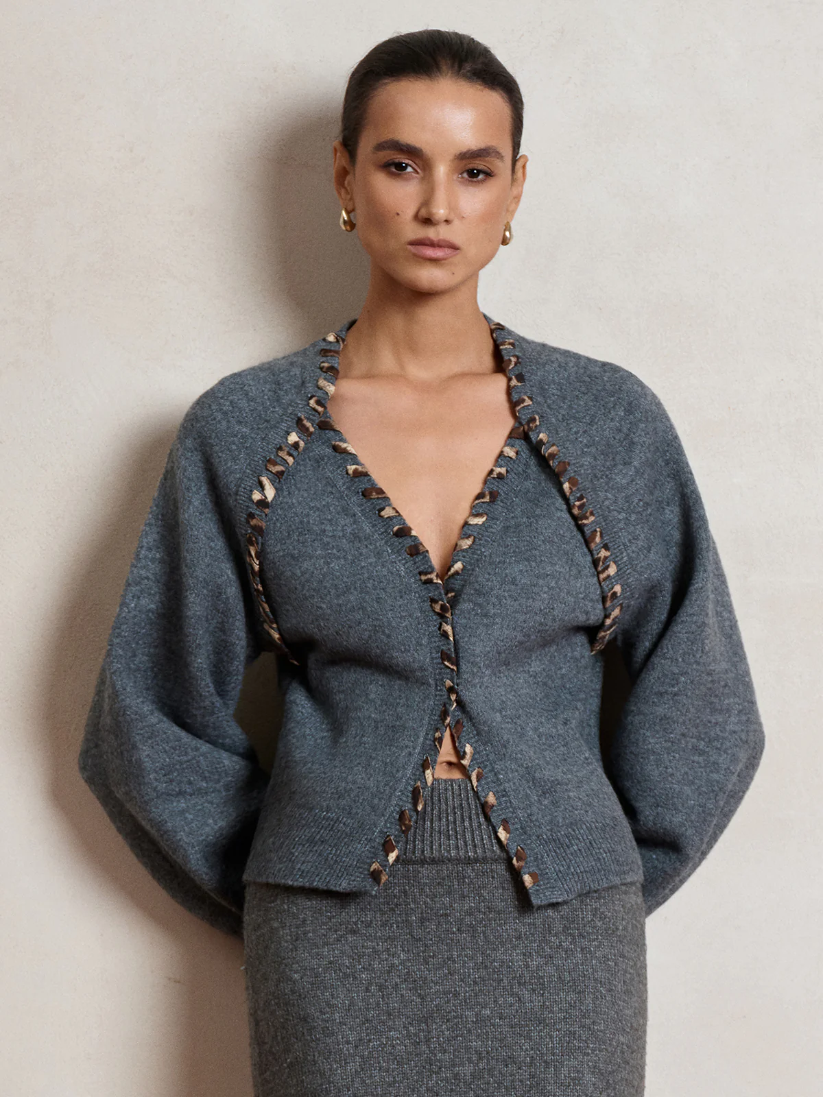 Lace-Up Trim V-Neck Cardigan - Wholesalesil