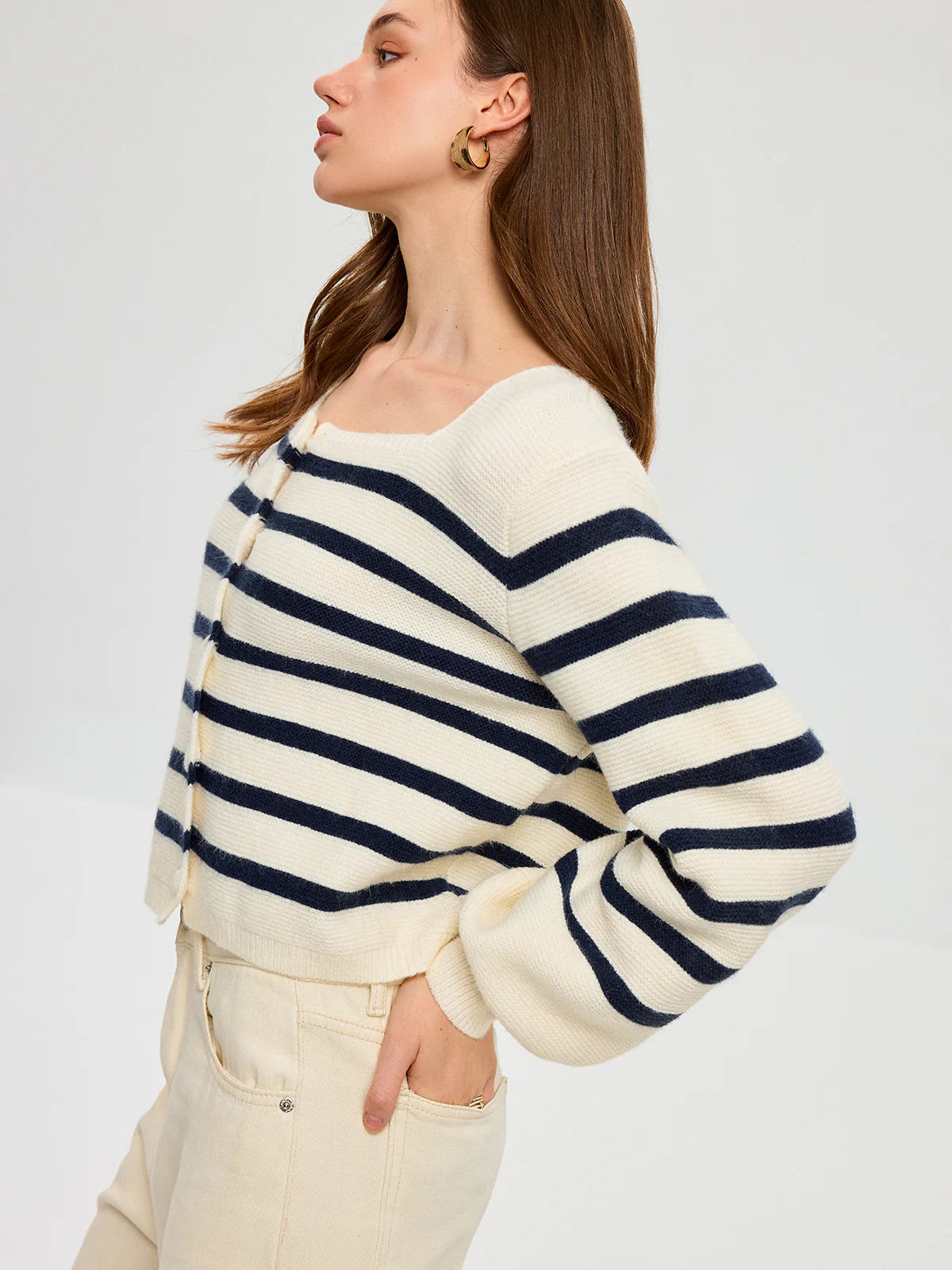 Striped Square Neck Lantern Sleeve Knit Cardigan - Wholesalesil
