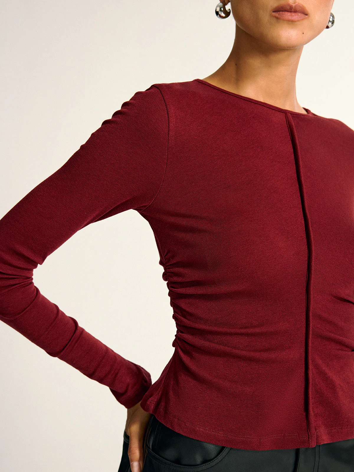 Wool Blend Ruched Long Sleeve T-Shirt - Wholesalesil