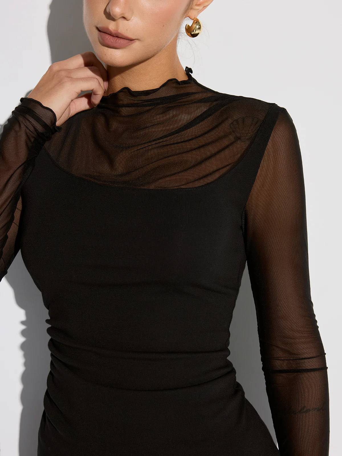 Semi-Sheer Mesh Panel Long Sleeve T-Shirt - Wholesalesil